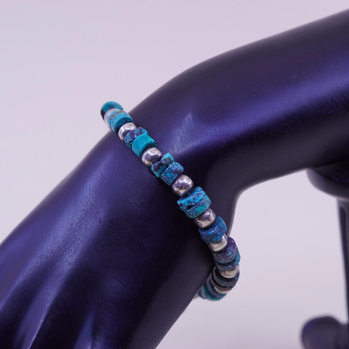 7”, Native American Sterling 925 silver heishi bracelet spiderweb turquoise