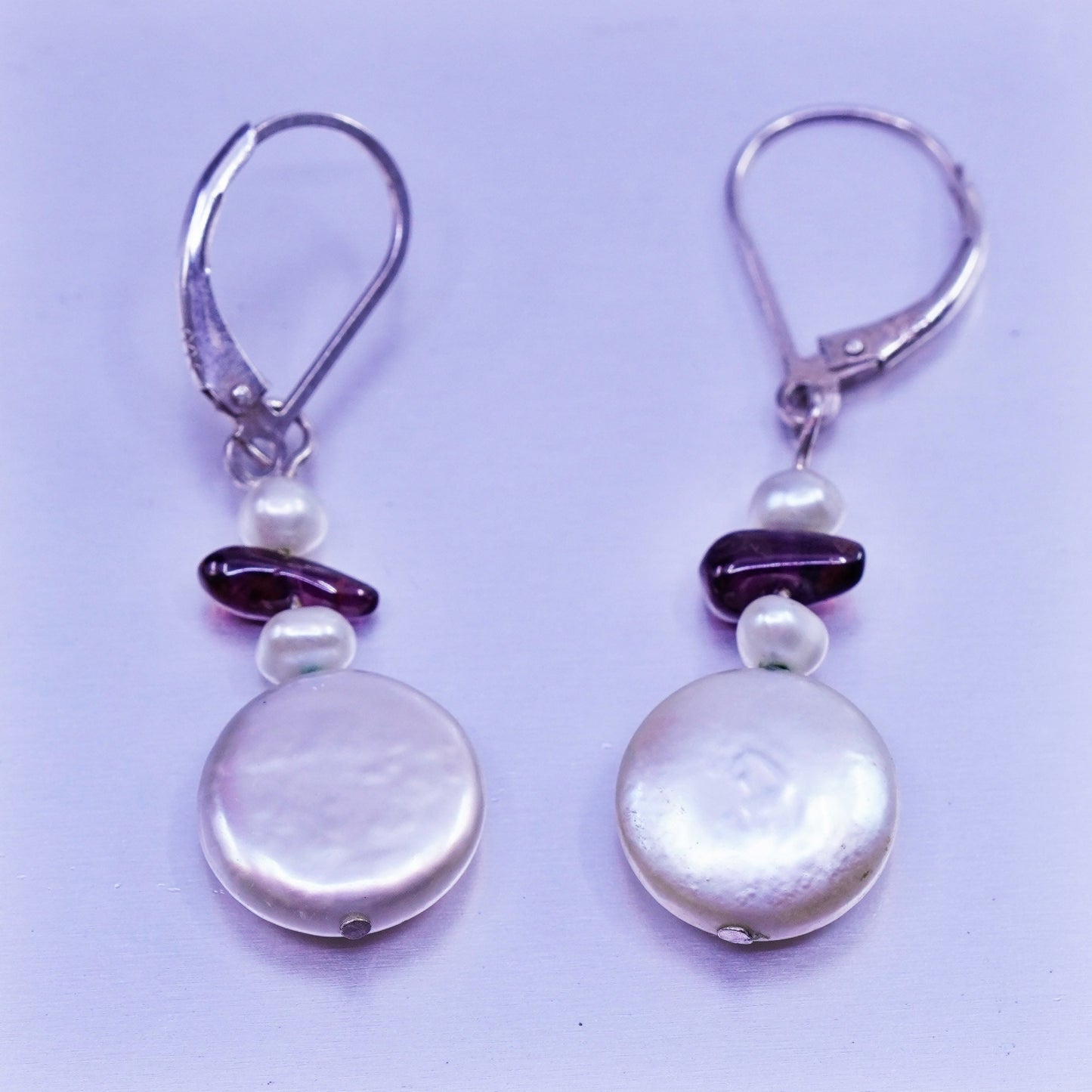 Vintage Sterling 925 silver handmade earrings freshwater coin pearl garnet