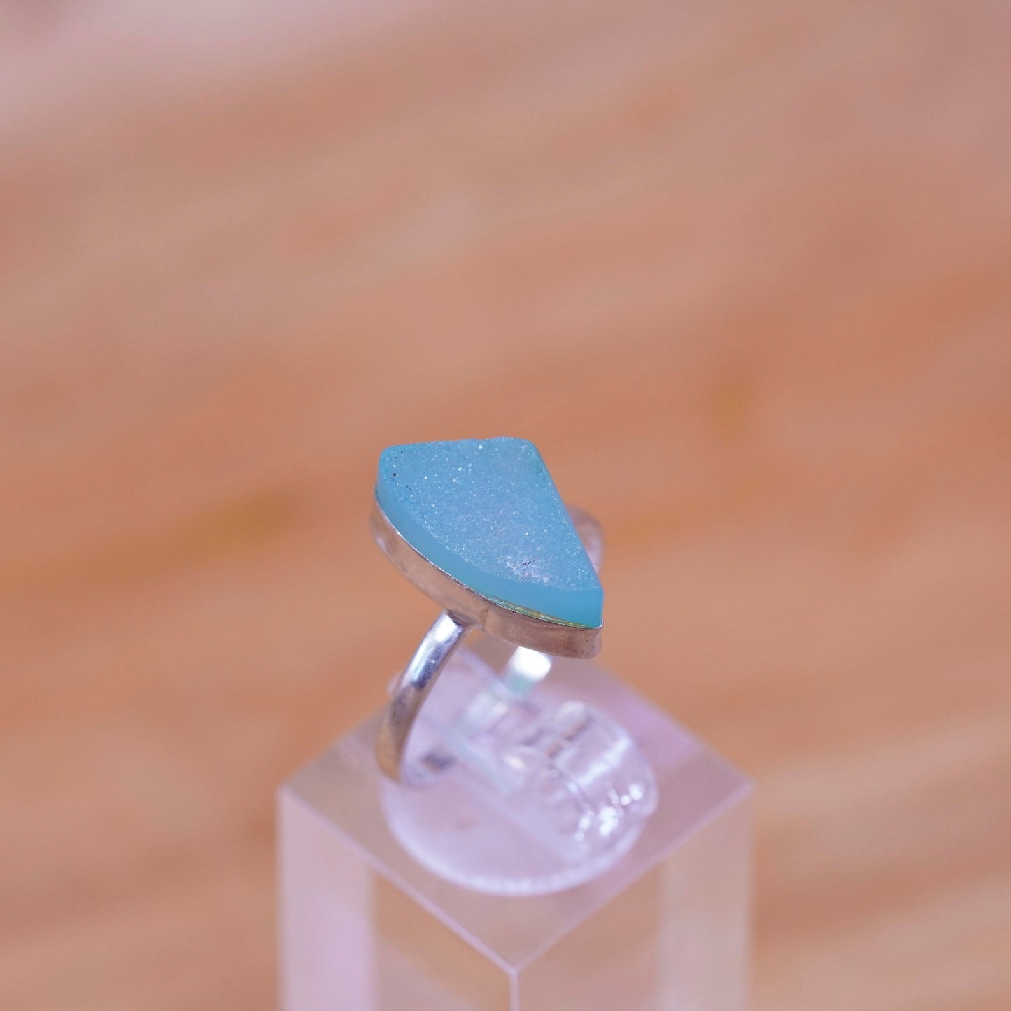 Size 7, Sterling 925 silver handmade ring with green druzy stone