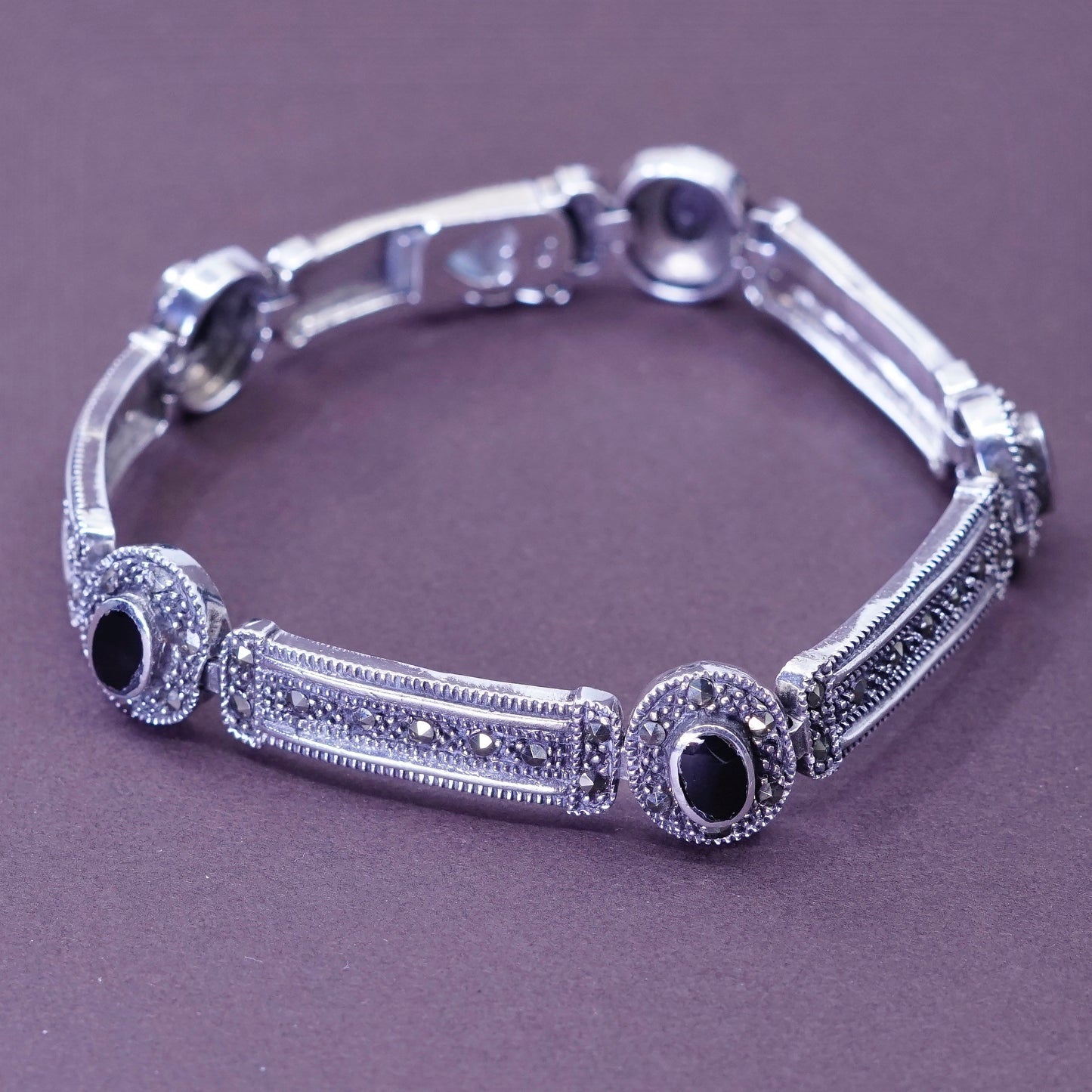 7.25”, Sterling silver bracelet, 925 tennis bracelet w/ marcasite obsidian