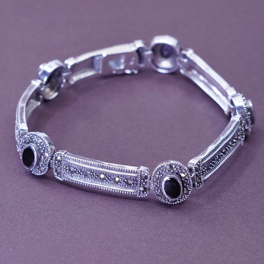 7.25”, Sterling silver bracelet, 925 tennis bracelet w/ marcasite obsidian