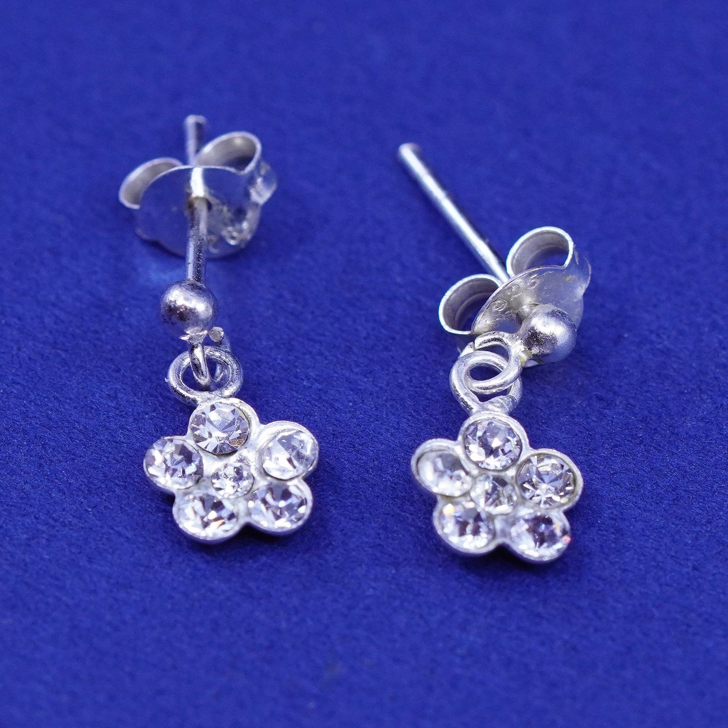 Sterling silver handmade earrings, 925 flower drops with cz inlay
