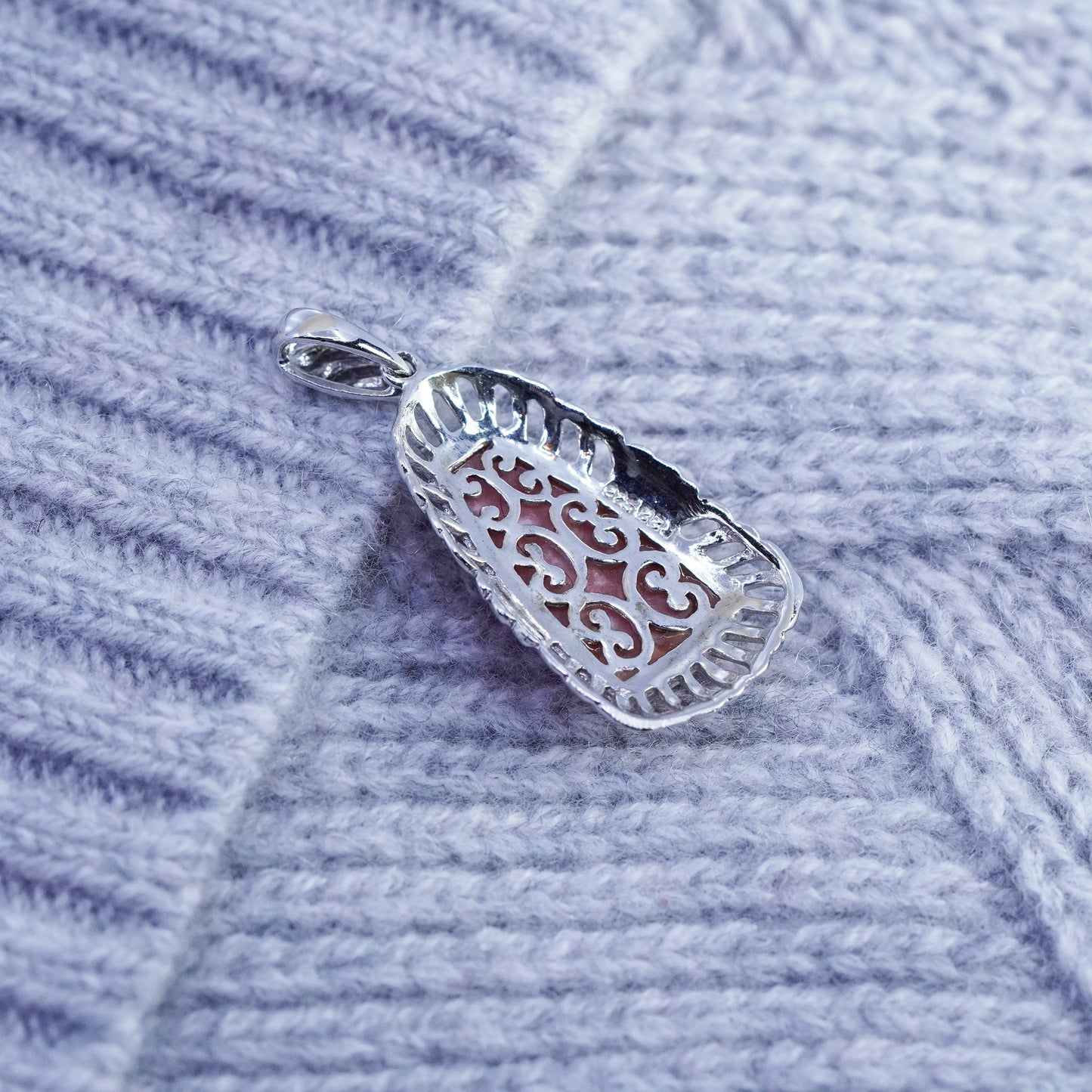 Vintage BBJ sterling 925 silver teardrop pendant with pink agate
