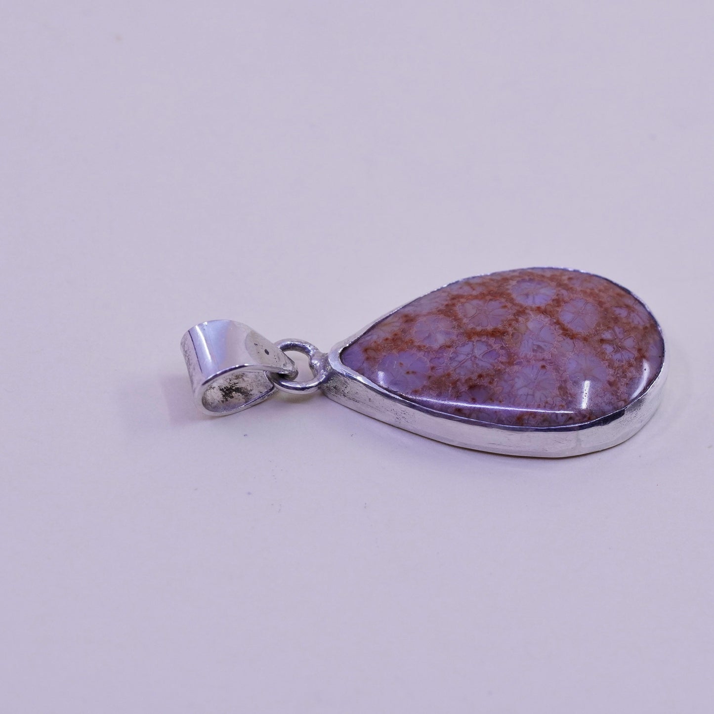 sterling silver handmade pendant, Native American, 925 teardrop fossil coral