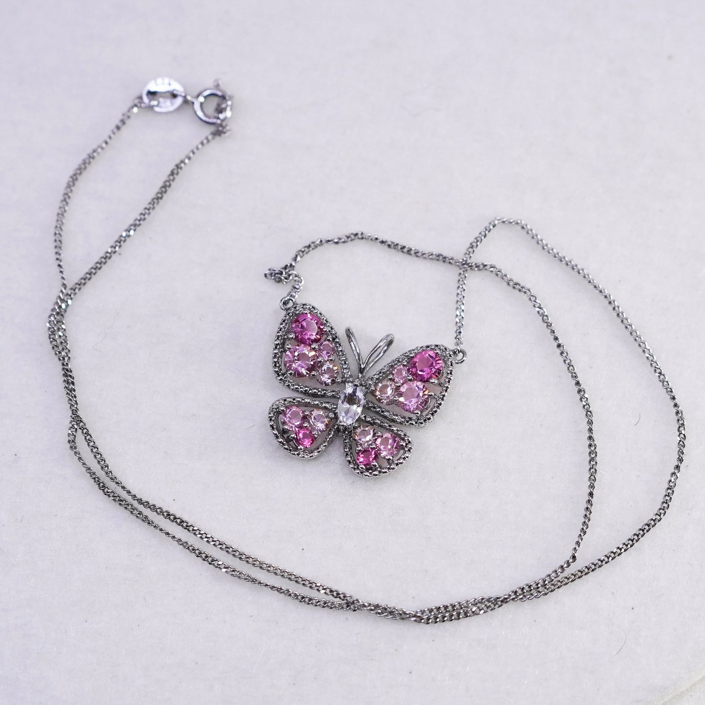 18”, Sterling 925 silver handmade flatten circle necklace butterfly pendant Cz