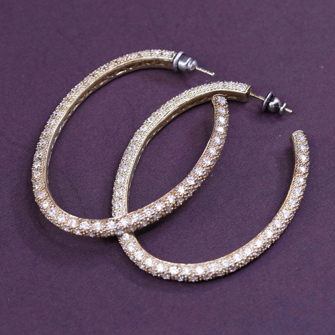 2.25" Vermeil gold over Sterling silver hoops 925 huggie earrings w/ cluster Cz