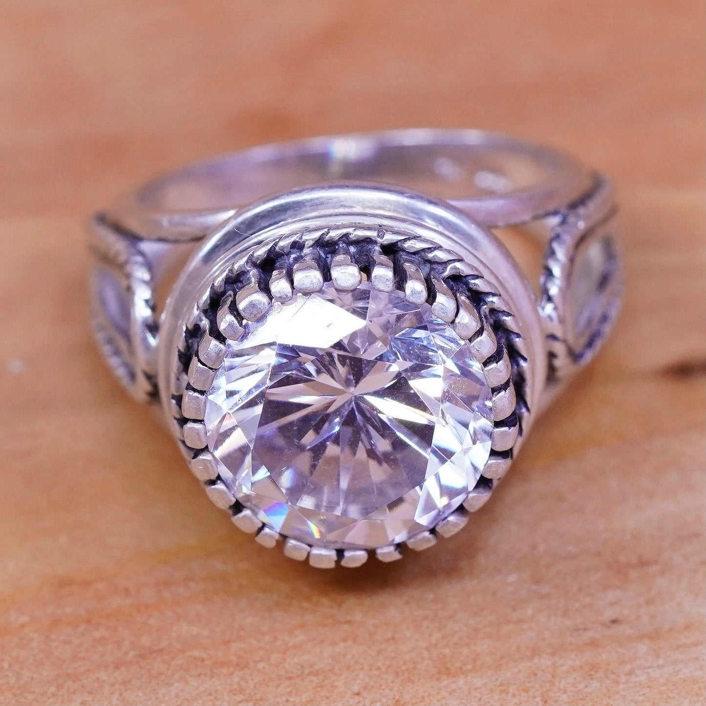 Size 7.75, vintage Sterling silver handmade ring, 925 engagement band with cz