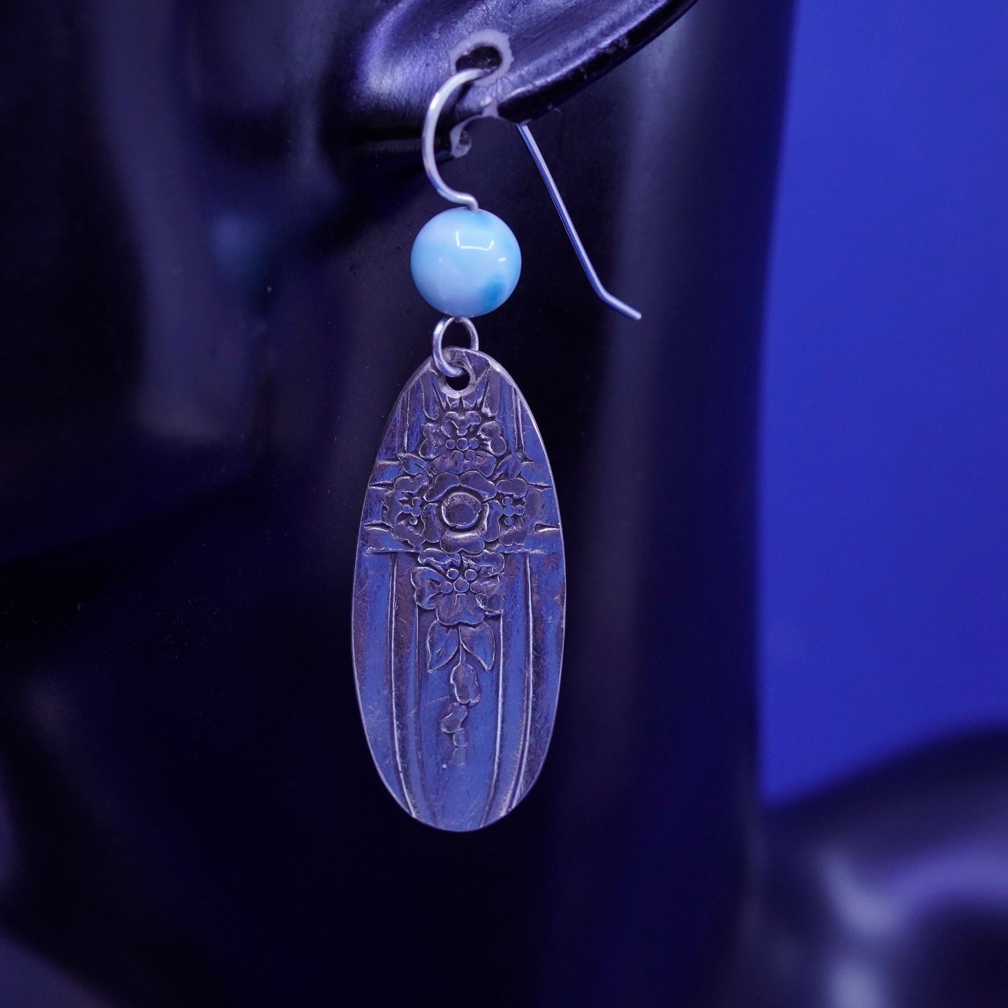 Vintage Sterling 925 silver handmade earrings with flatten spoon drops larimar