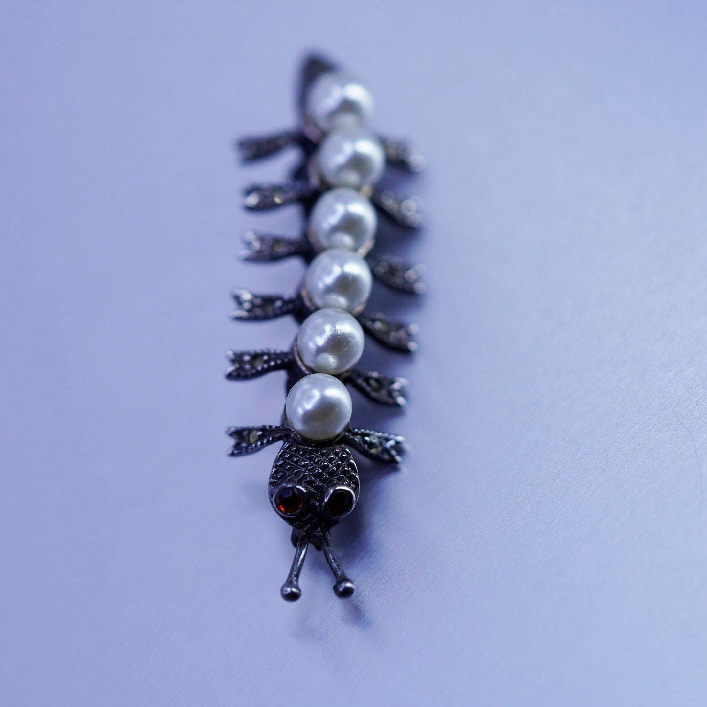 sterling silver handmade brooch, 925 Caterpillar pin with marcasite and pearl