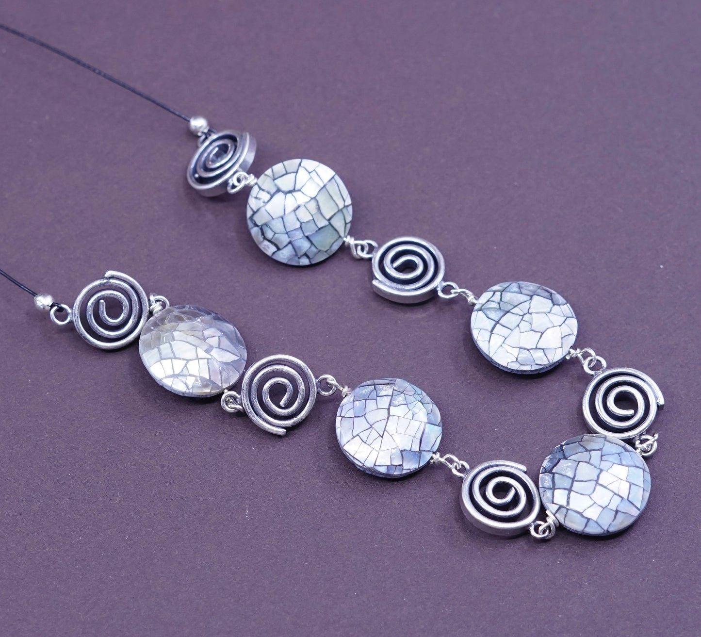 16”,nvtg necklace, black chain w/ sterling 925 silver swirl pendant N turquoise