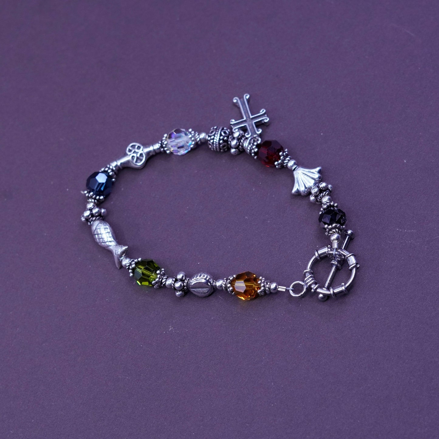 6.75”, Sterling silver beads bracelet, 925 beads w/ crystal N cross fish charms