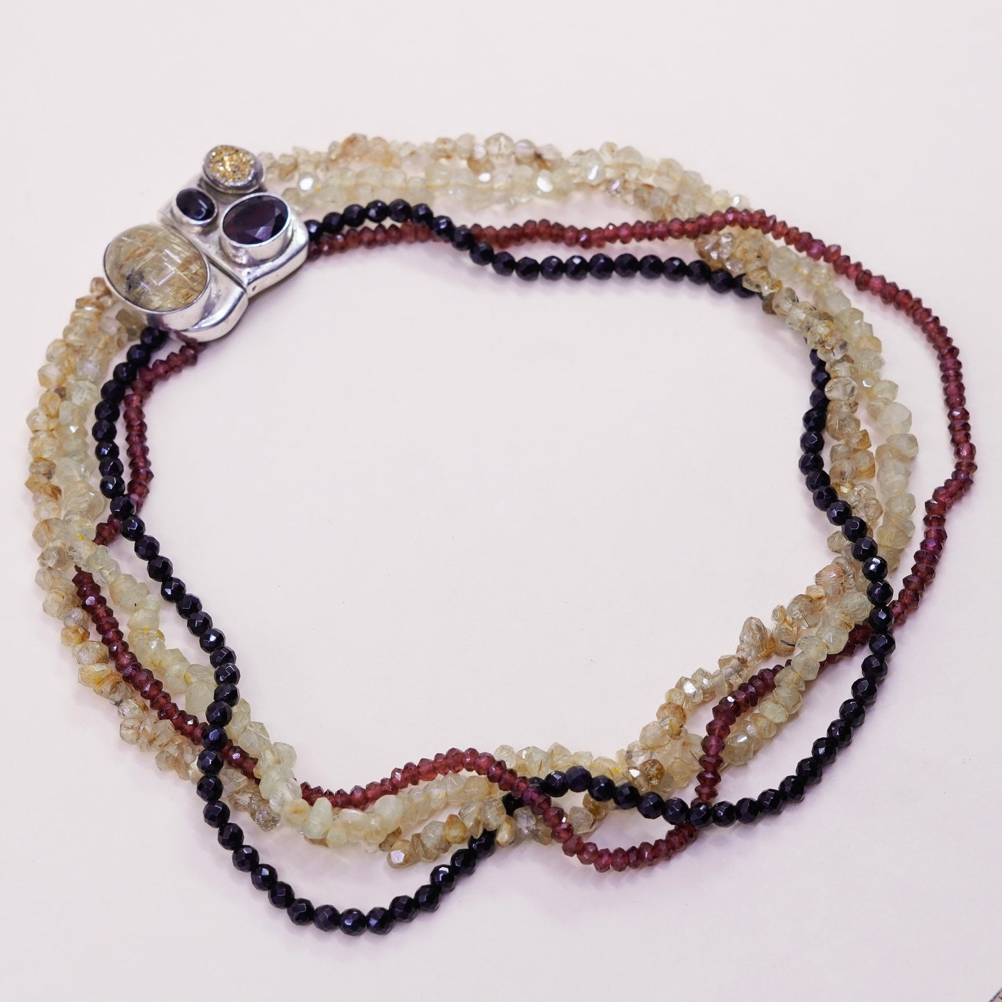 16”, sterling silver necklace, 925 tigers eye rutilated quartz citrine garnet