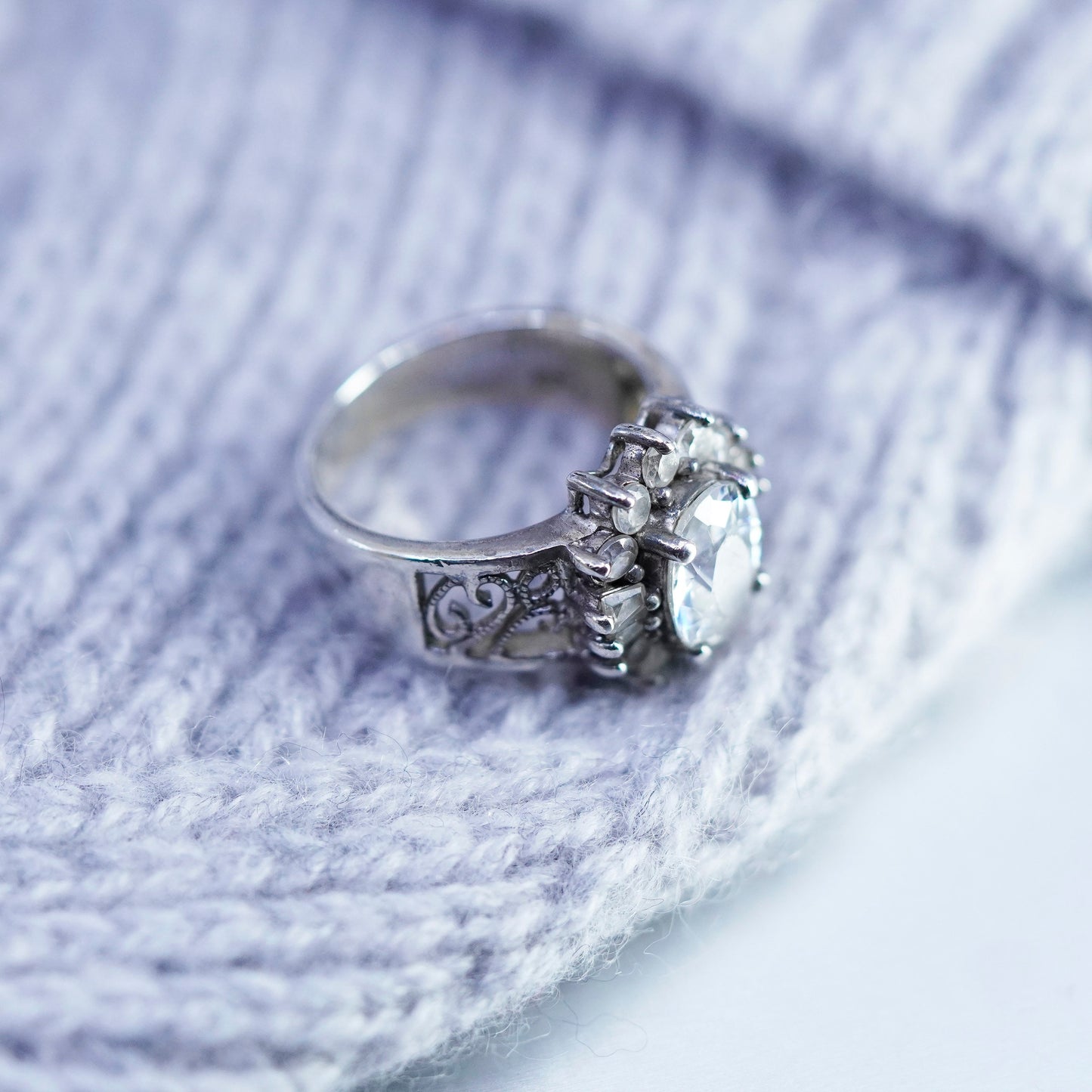 Size 6, vintage Sterling 925 silver handmade engagement ring with cluster Cz