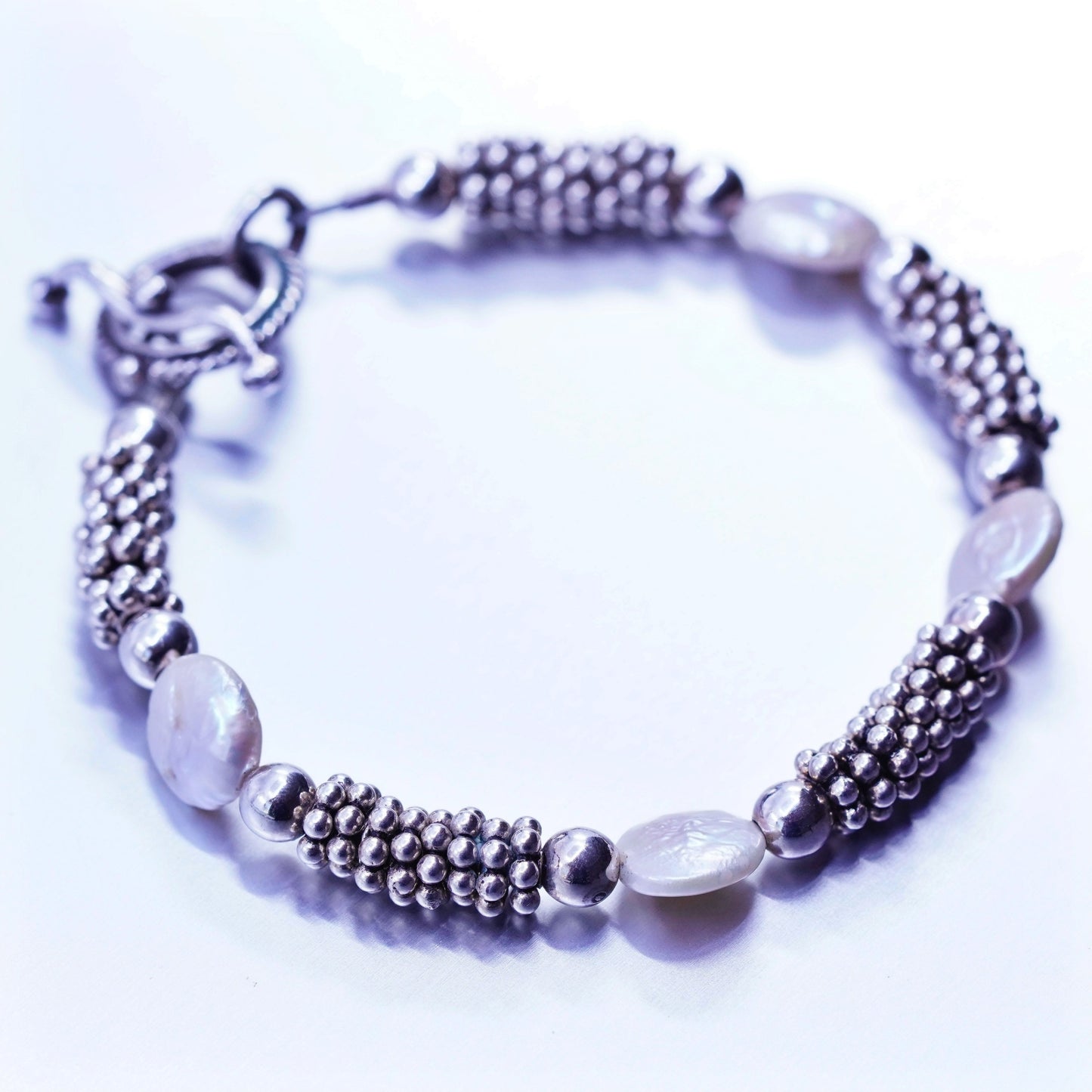 6.5”, vintage Sterling 925 silver bracelet with freshwater coin pearl