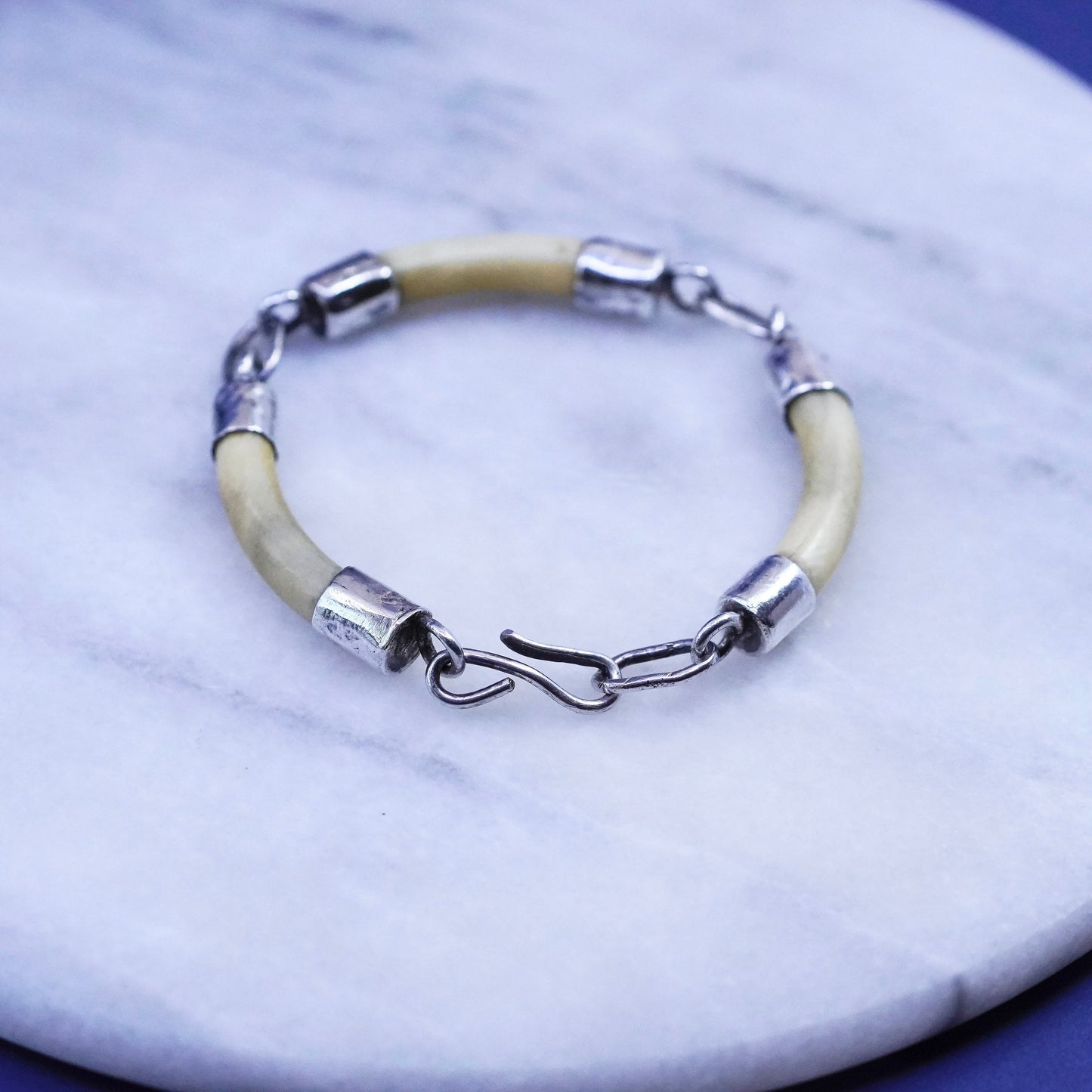 7.5”, vintage Sterling silver handmade bracelet, 925 bar with white stone tube
