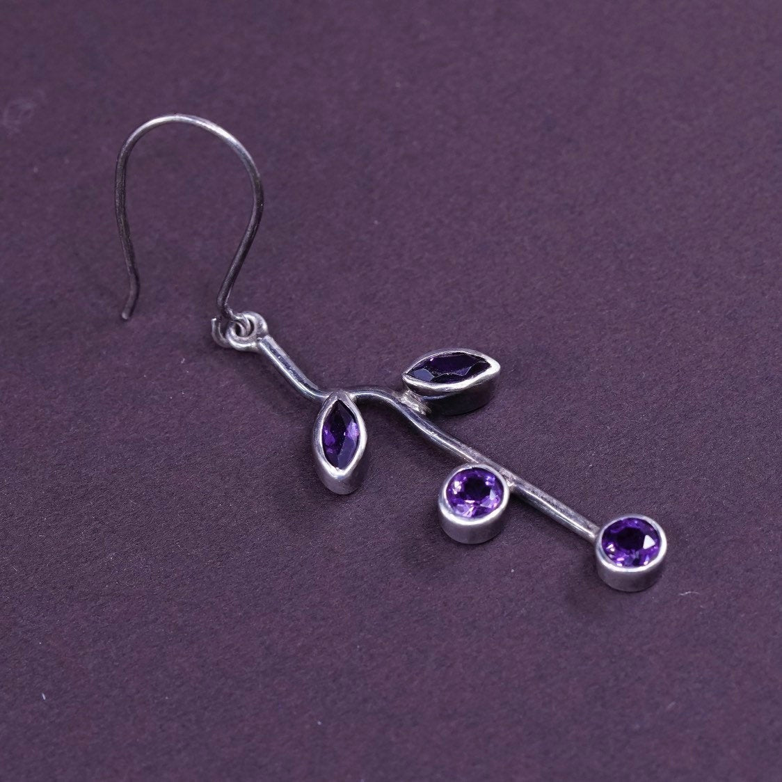 vtg Sterling silver handmade earrings, 925 w/ Marquise amethyst dangle