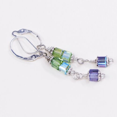 Vtg STERLING 925 SILVER Handmade earrings with Green Crystal dangles