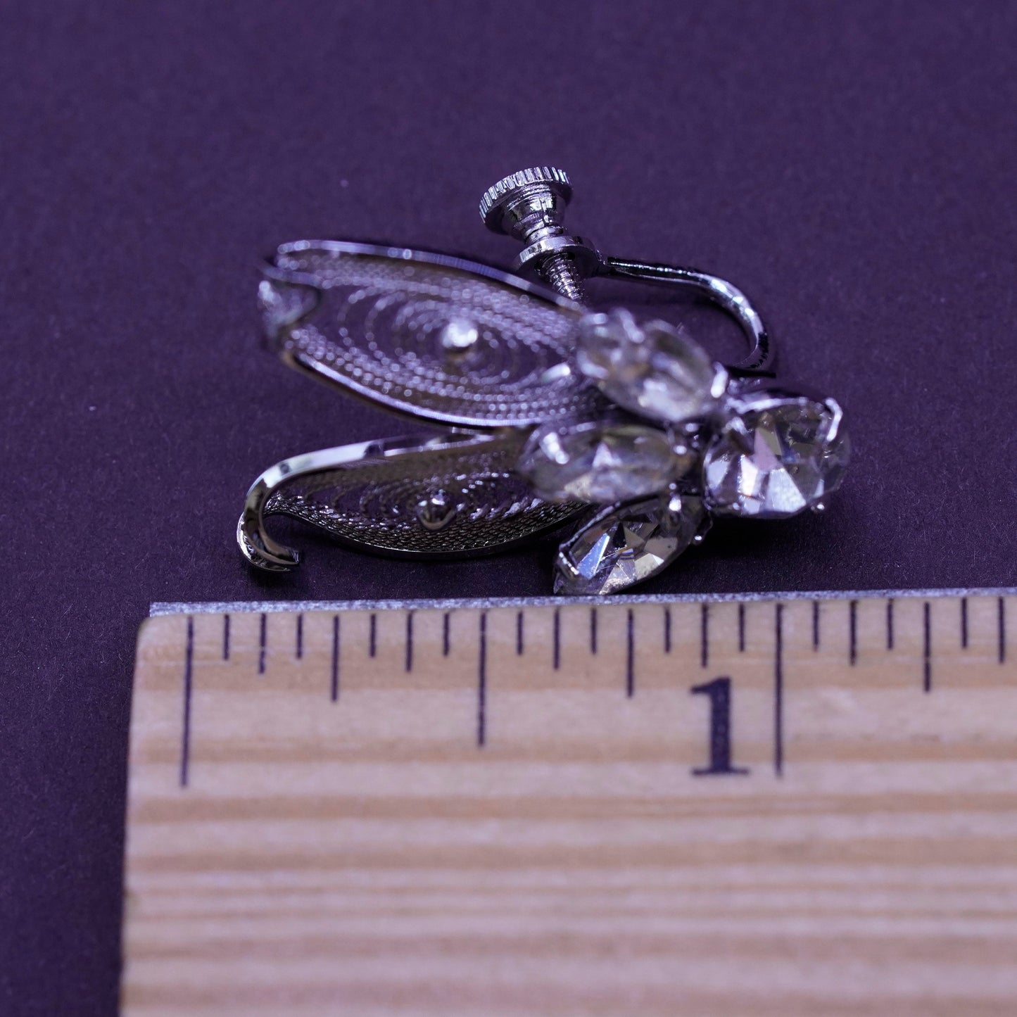 Sterling silver handmade screw back earrings, 925 floral filigree rhinestones