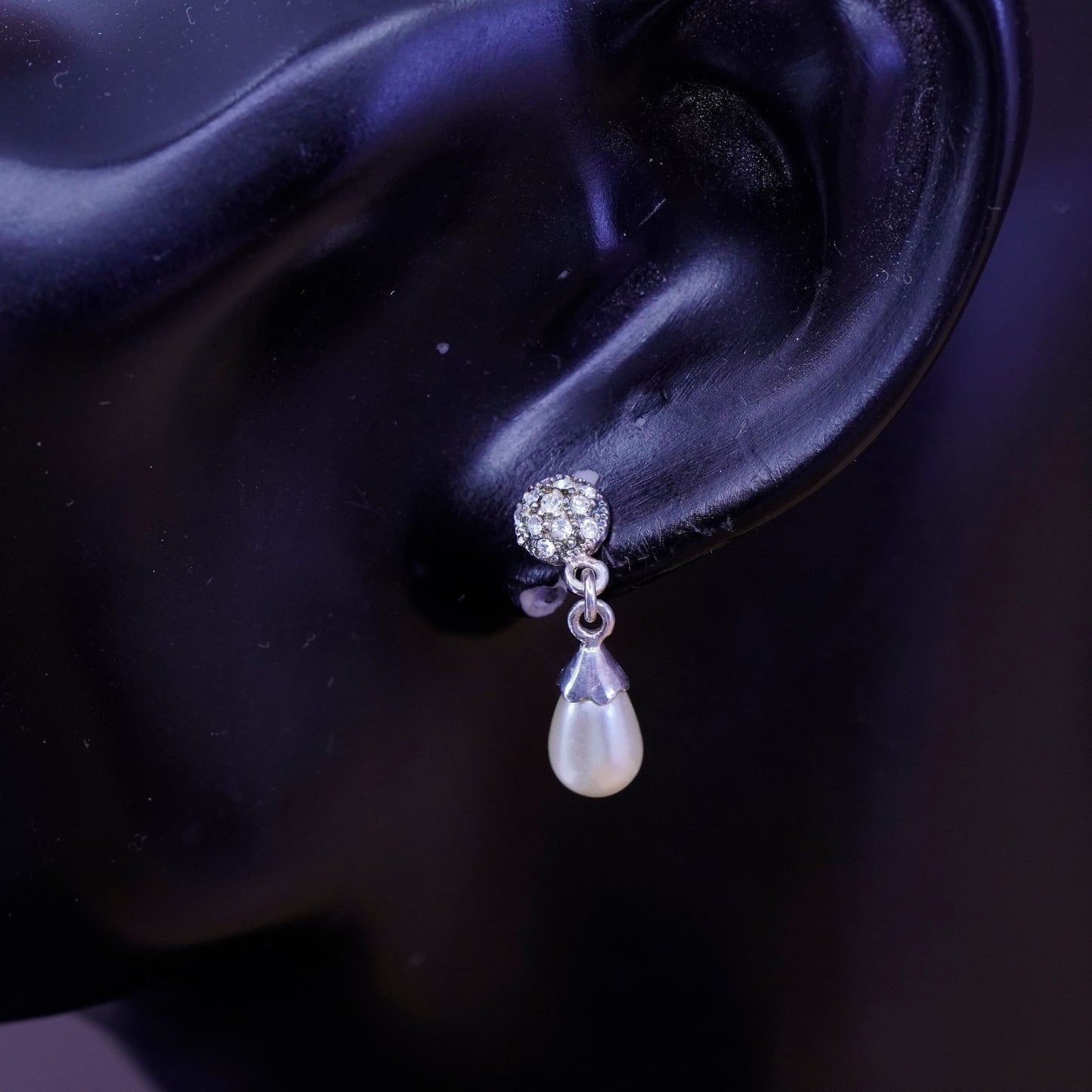 Vintage Sterling 925 silver handmade earrings with teardrop pearl and Cz