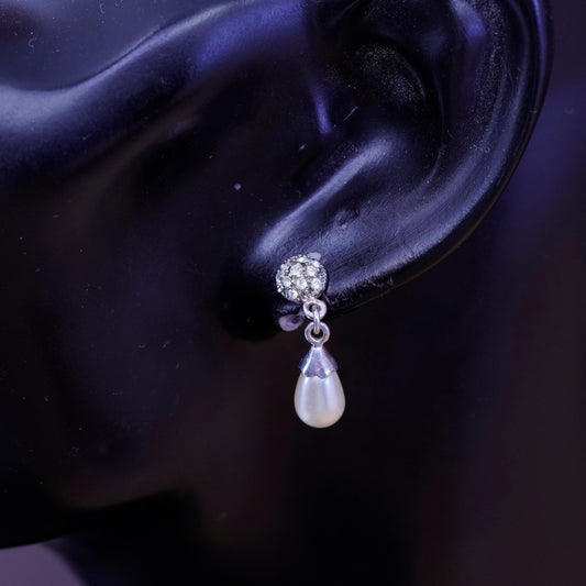 Vintage Sterling 925 silver handmade earrings with teardrop pearl and Cz