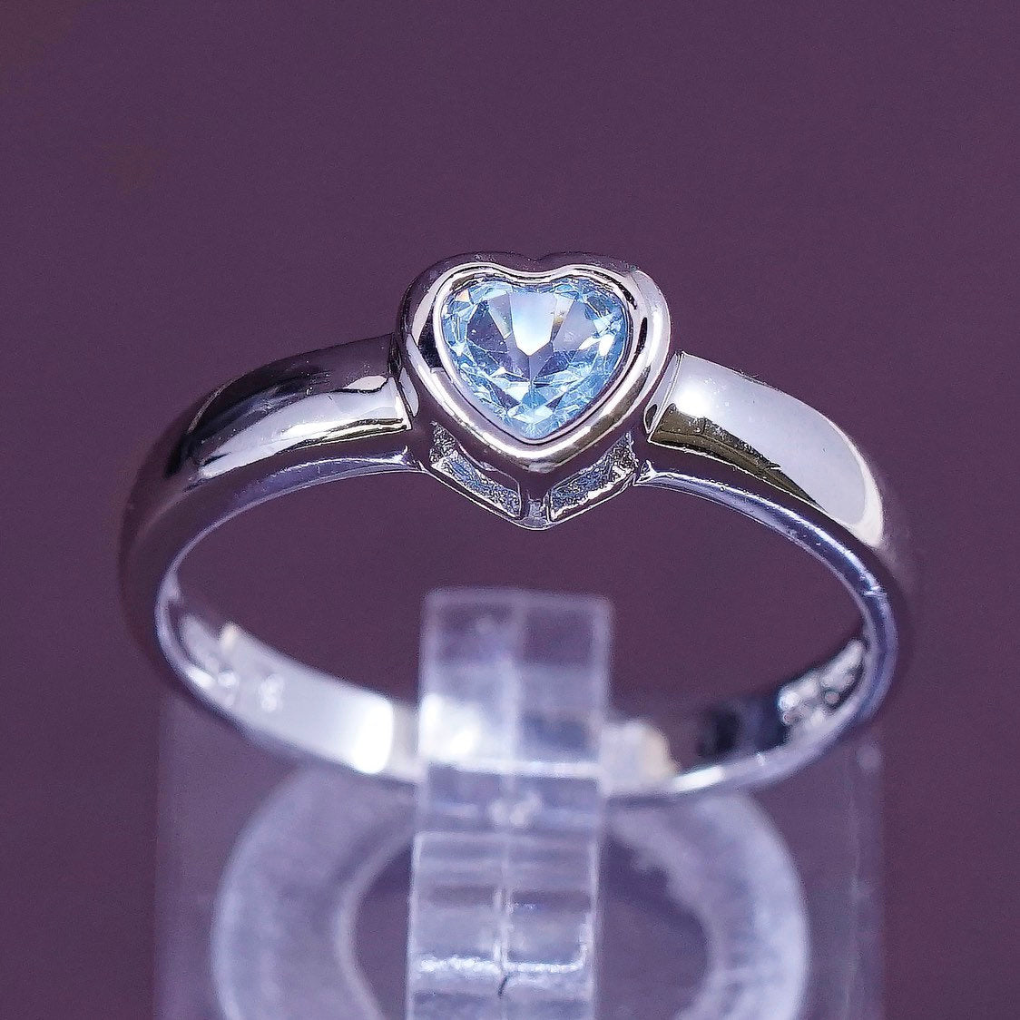 sz 8, vtg sterling silver handmade ring, blue crystal heart 925 band