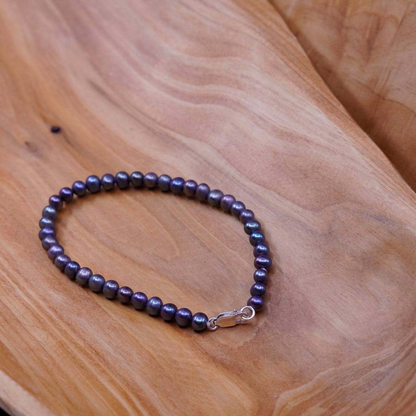 7” vtg handmade genuine black pearl beads bracelet, sterling 925 silver clasp