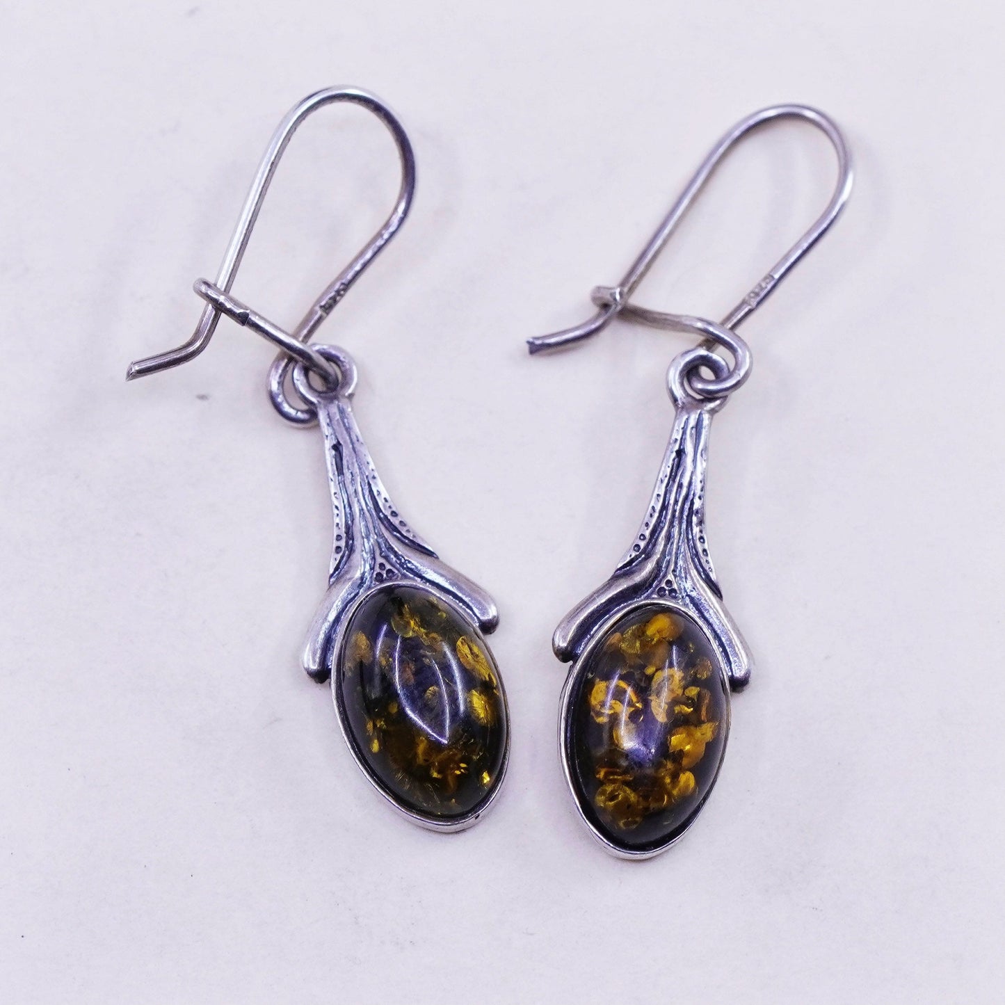 Vintage sterling 925 silver handmade earrings with oval Amber