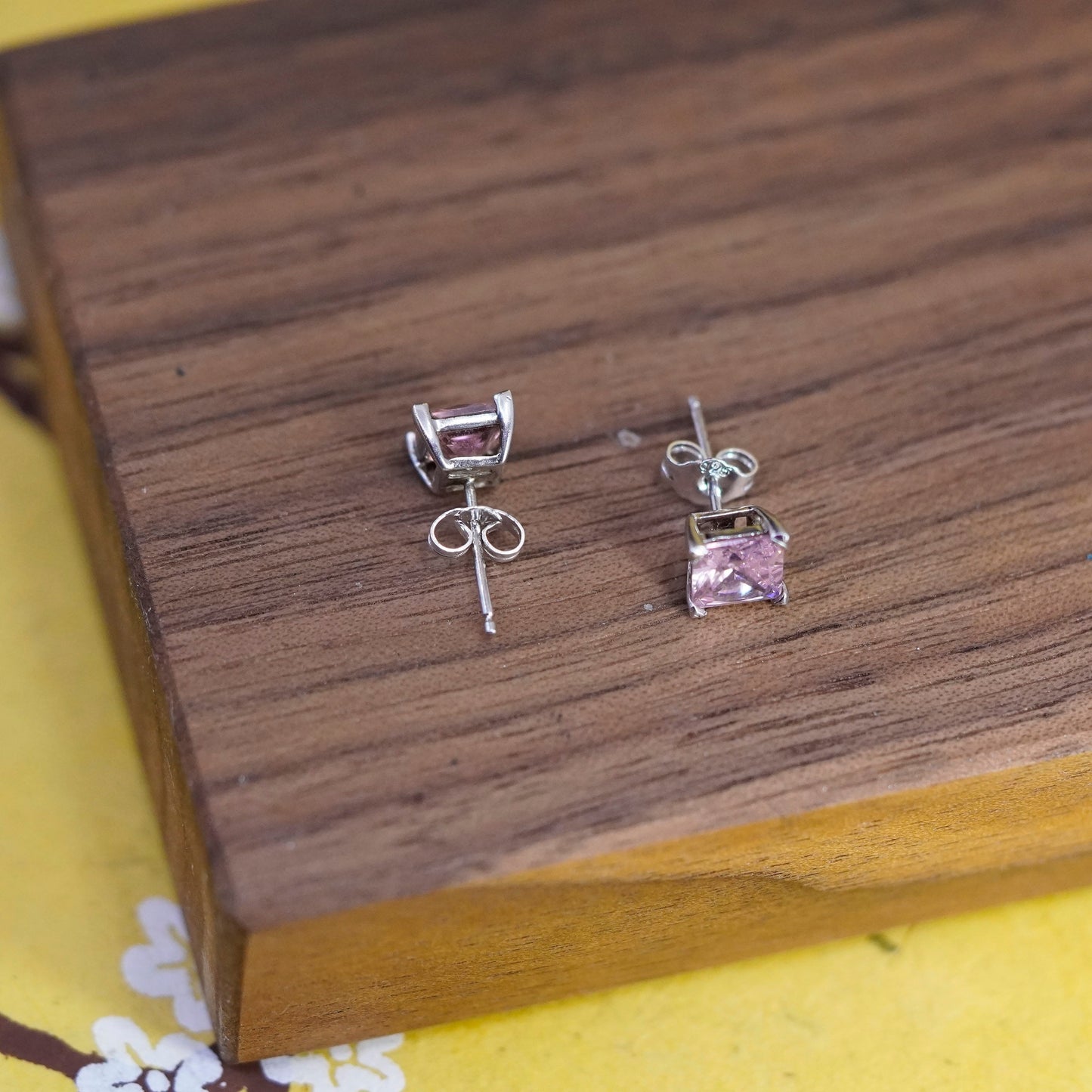 Vintage Sterling silver handmade earrings, 925 square studs with pink cz