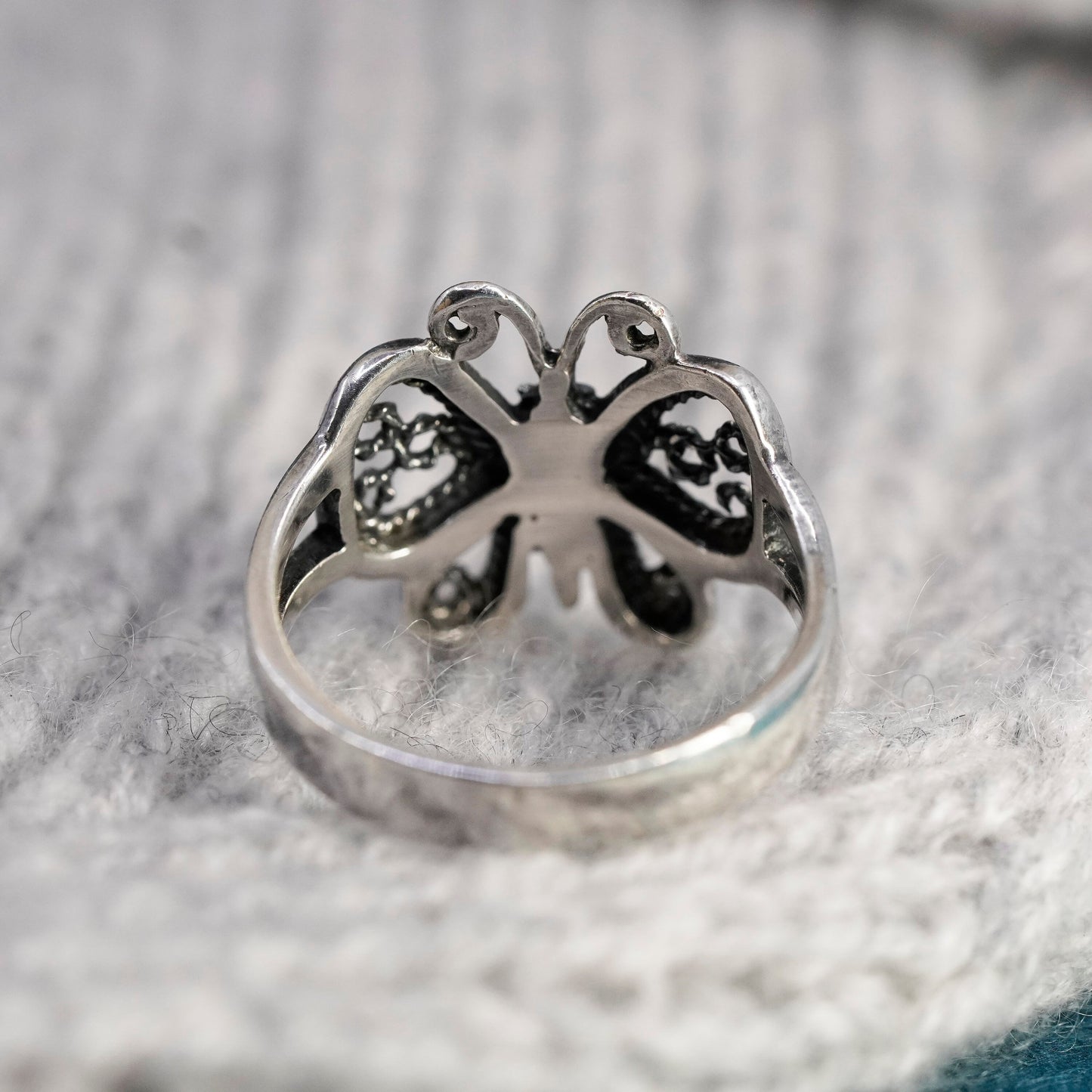 Size 7, vintage sterling silver handmade ring, 925 filigree butterfly band