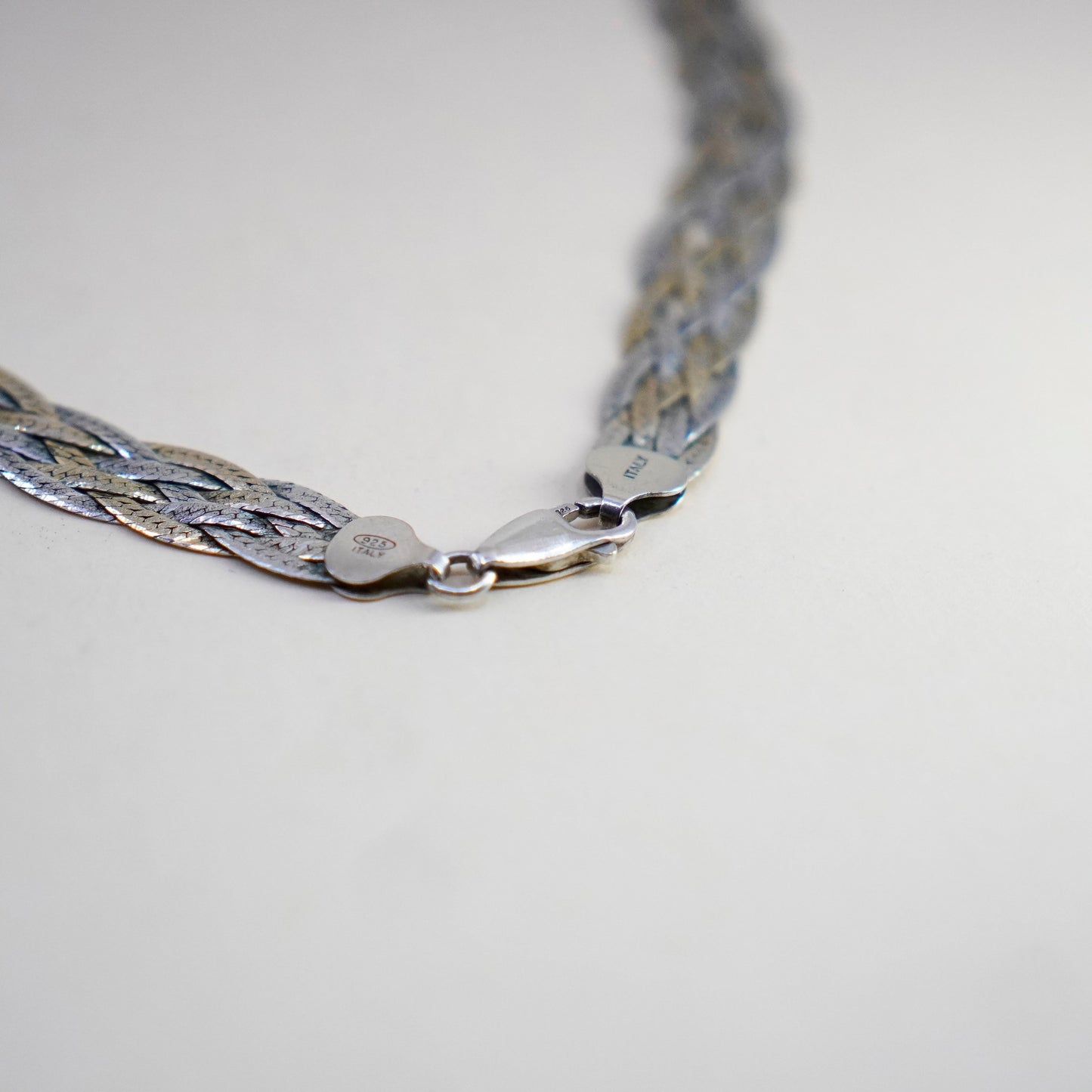 18”, triple tone sterling silver necklace, 925 woven braided herringbone chain