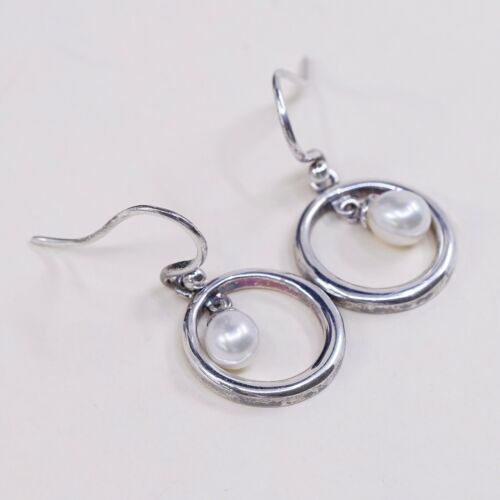 Vtg Modern, Elegant STERLING 925 SILVER Circle earrings with pearl Dangles