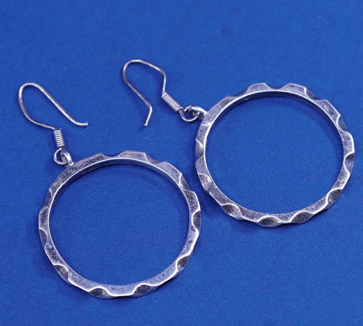 1.25”, vtg Sterling silver handmade earrings, mexico 925 gear hoops