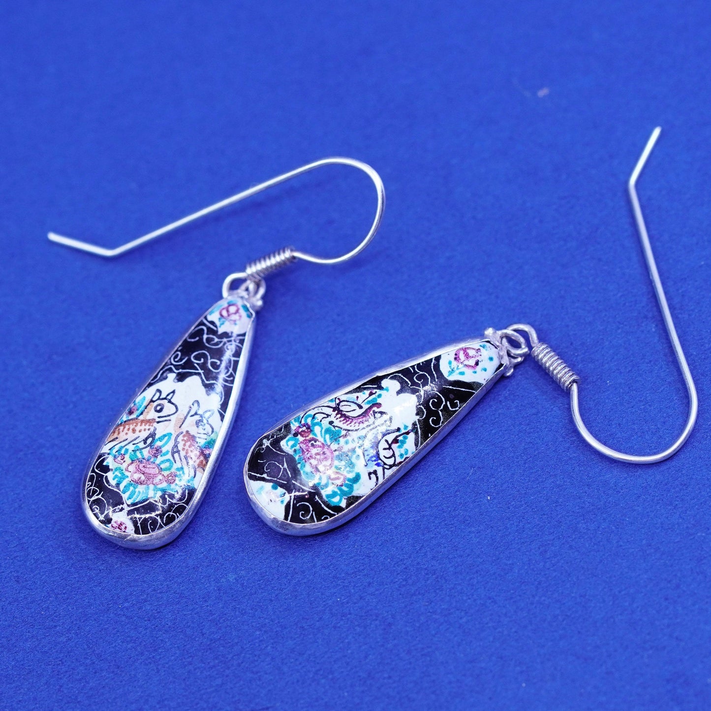 Vintage sterling 925 silver handmade earrings with orient teardrop enamel