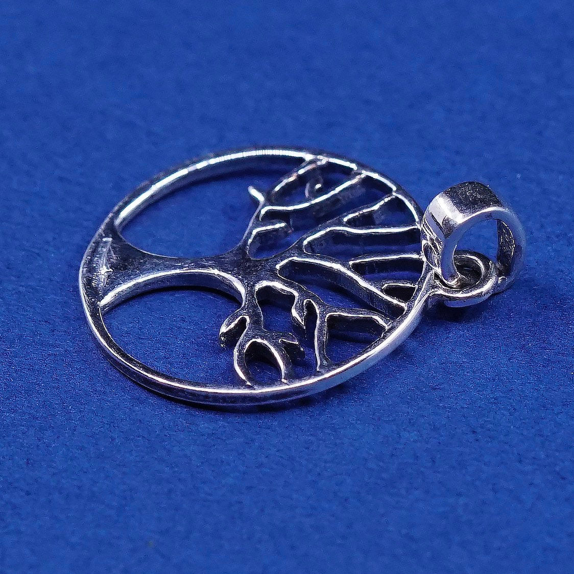vtg sterling silver handmade pendant, 925 circle w/ filigree tree