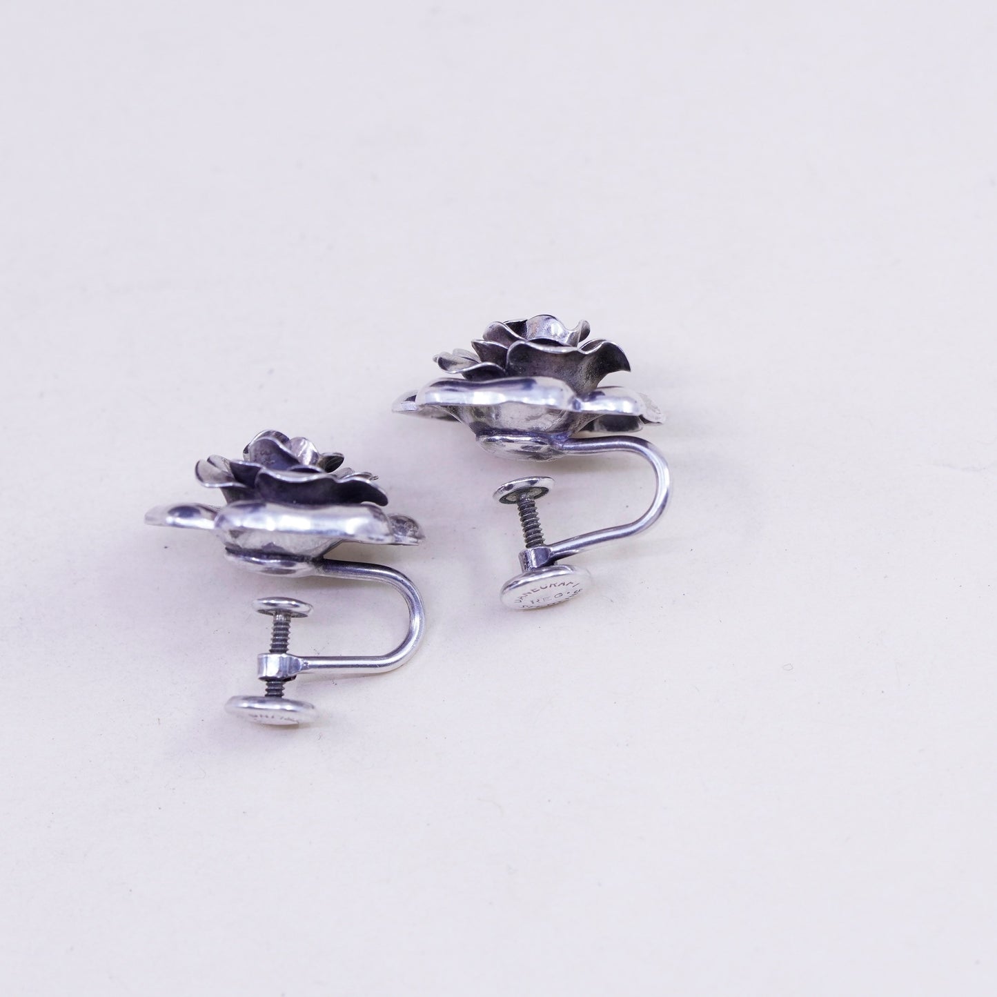 Vintage danecraft Sterling silver earrings, 925 screw back flower rose earrings