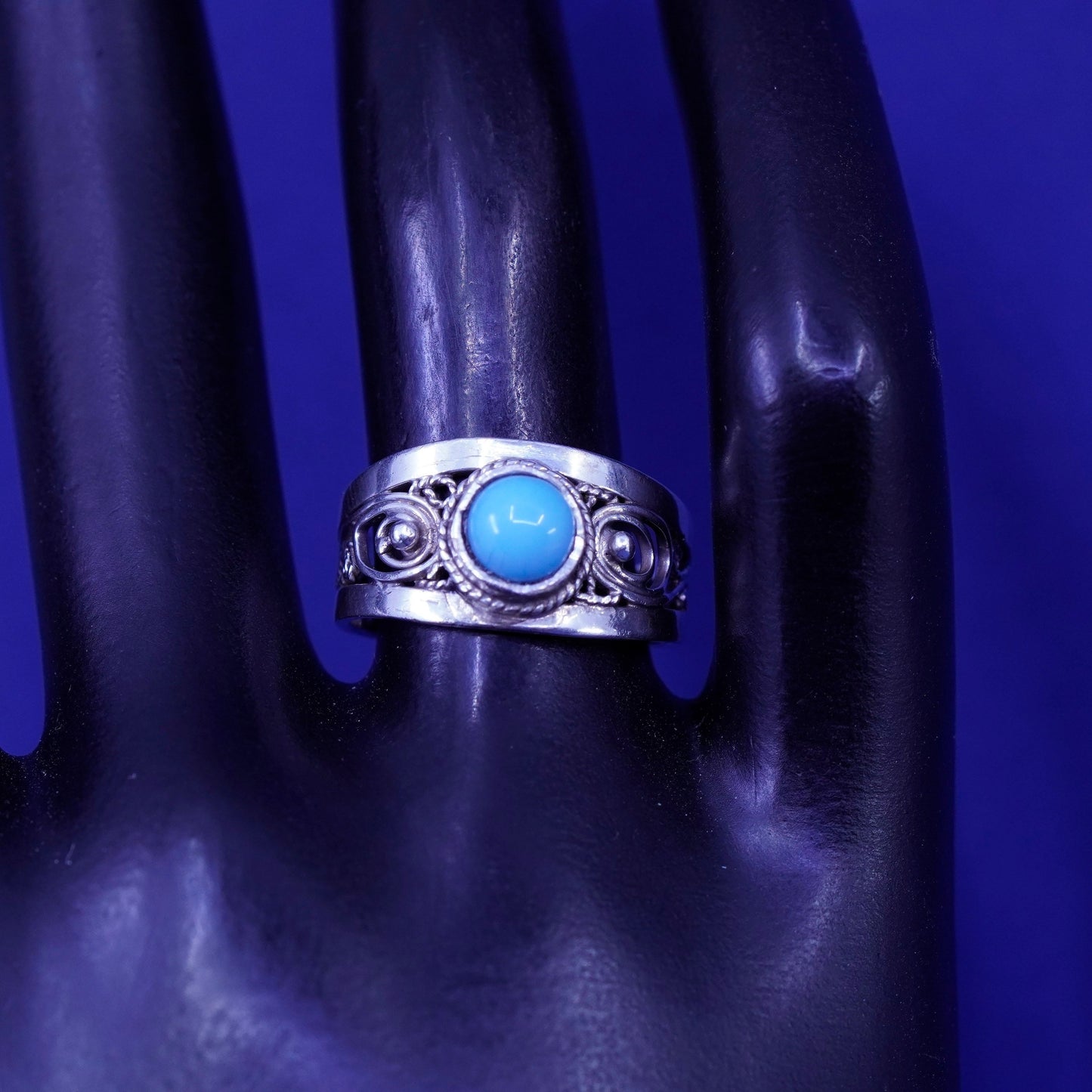 Size 7, vintage sterling silver handmade ring, 925 filigree band with blue onyx