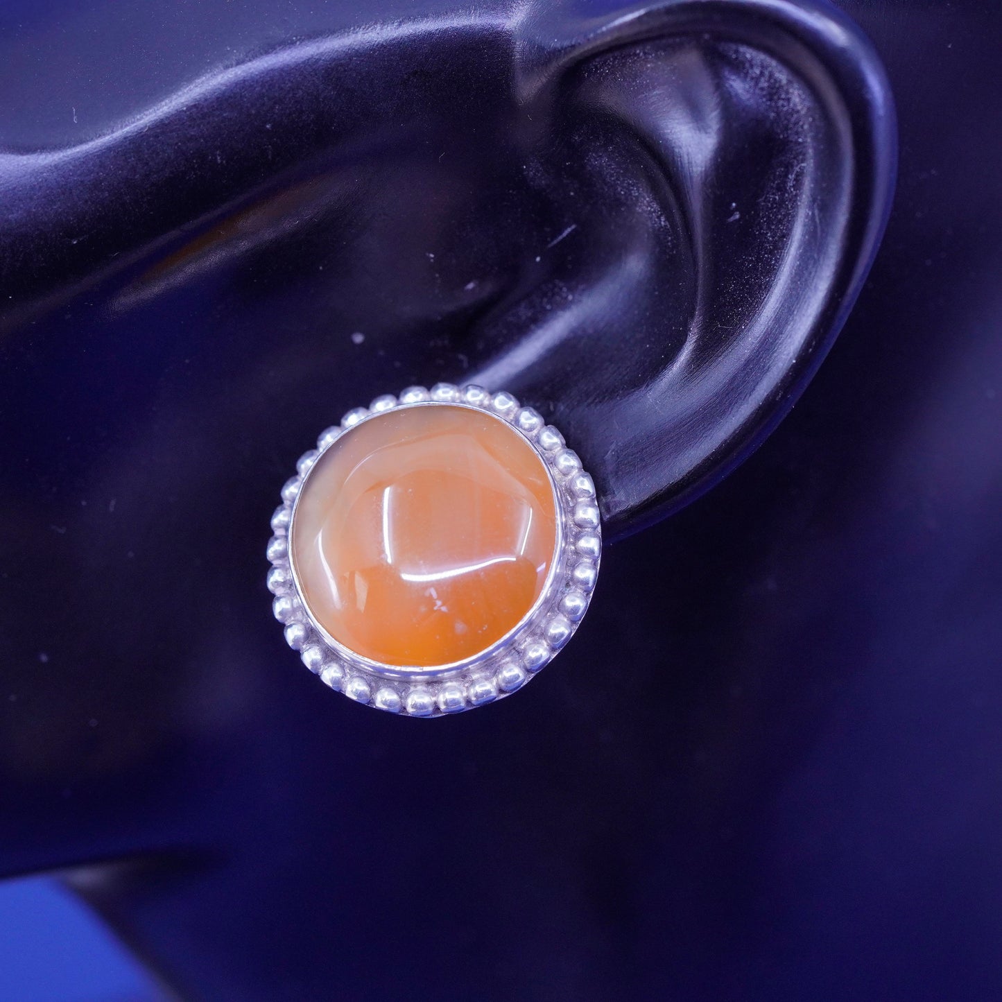 Vintage sterling 925 silver handmade round studs earrings orange agate beads