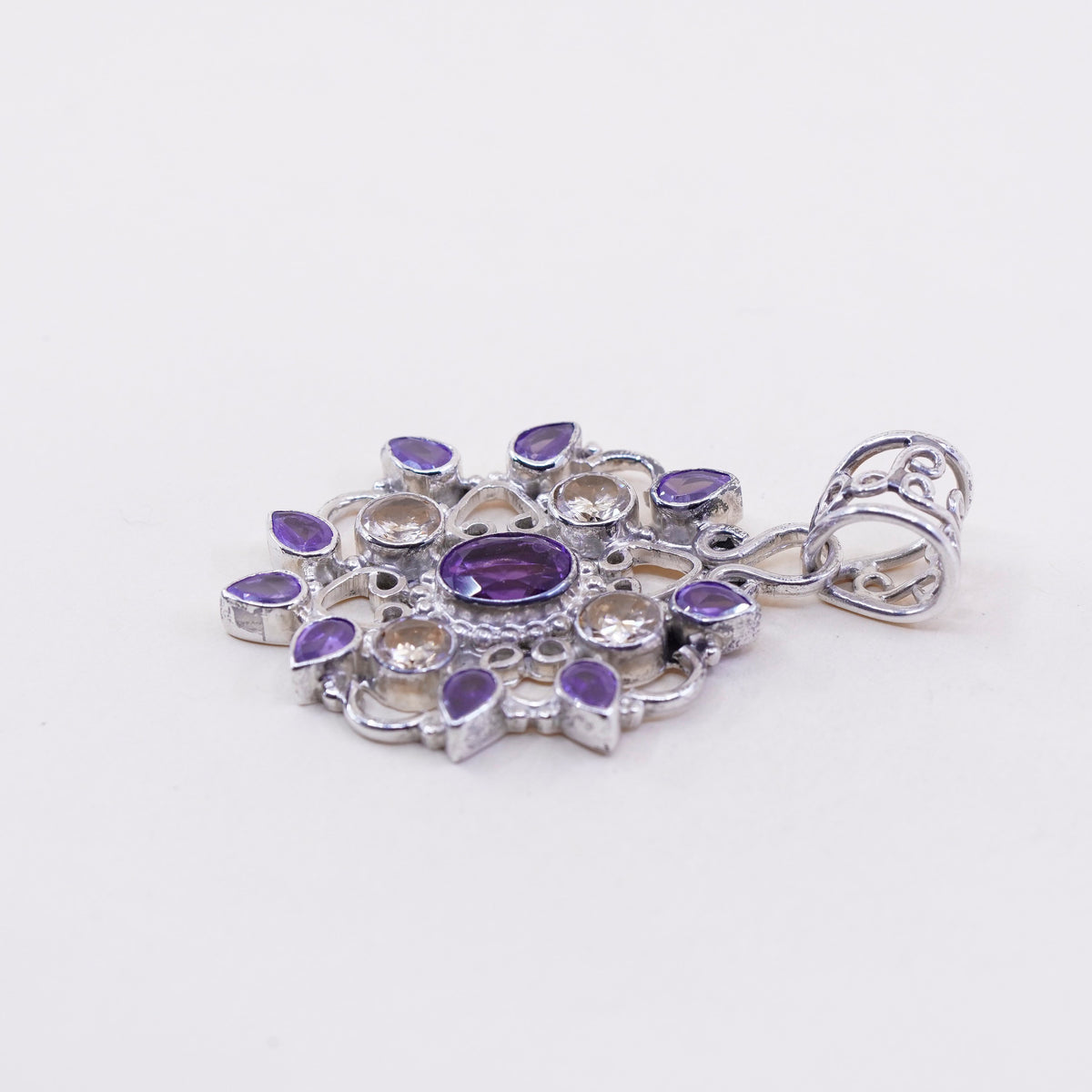 Sterling 925 silver handmade filigree flower pendant with amethyst and citrine