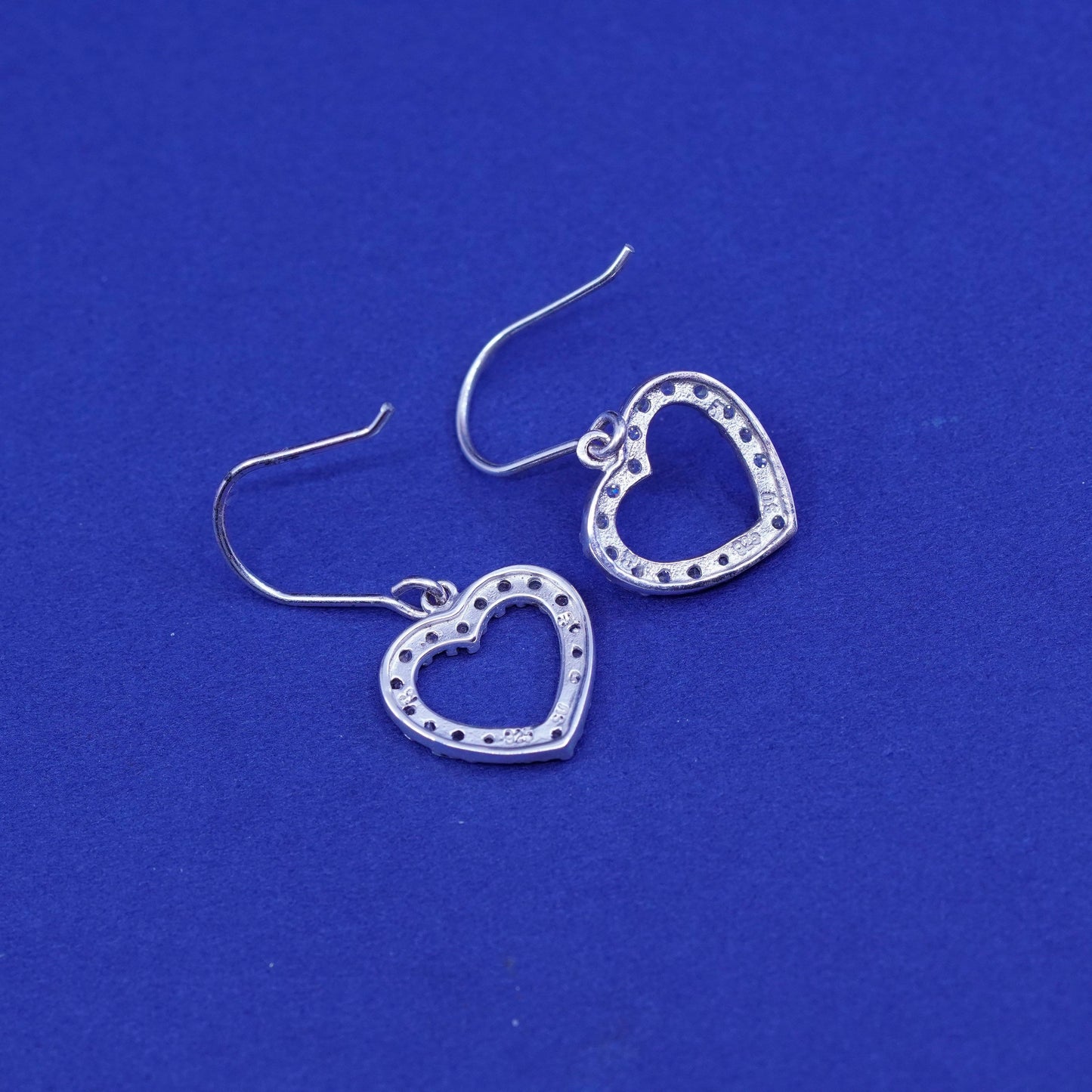 Vintage Sterling 925 silver handmade earrings, with heart Dangle and Cz