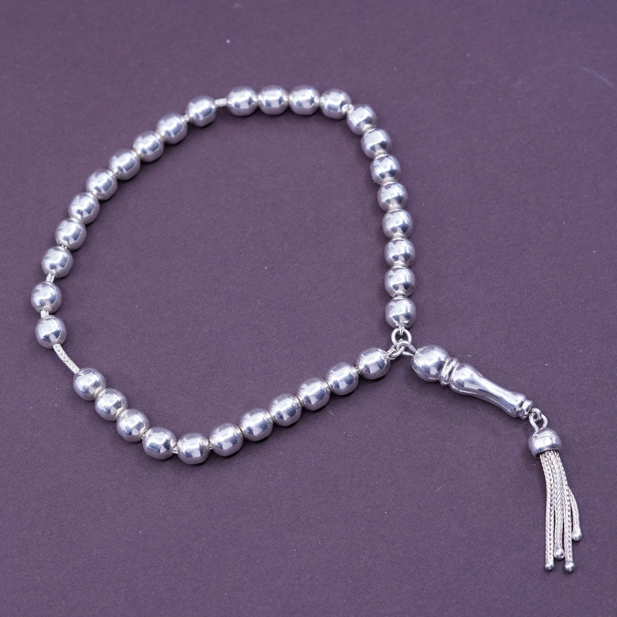 9”, 6mm, Sterling 925 silver handmade beads rosary prayer bracelet w/ fringe