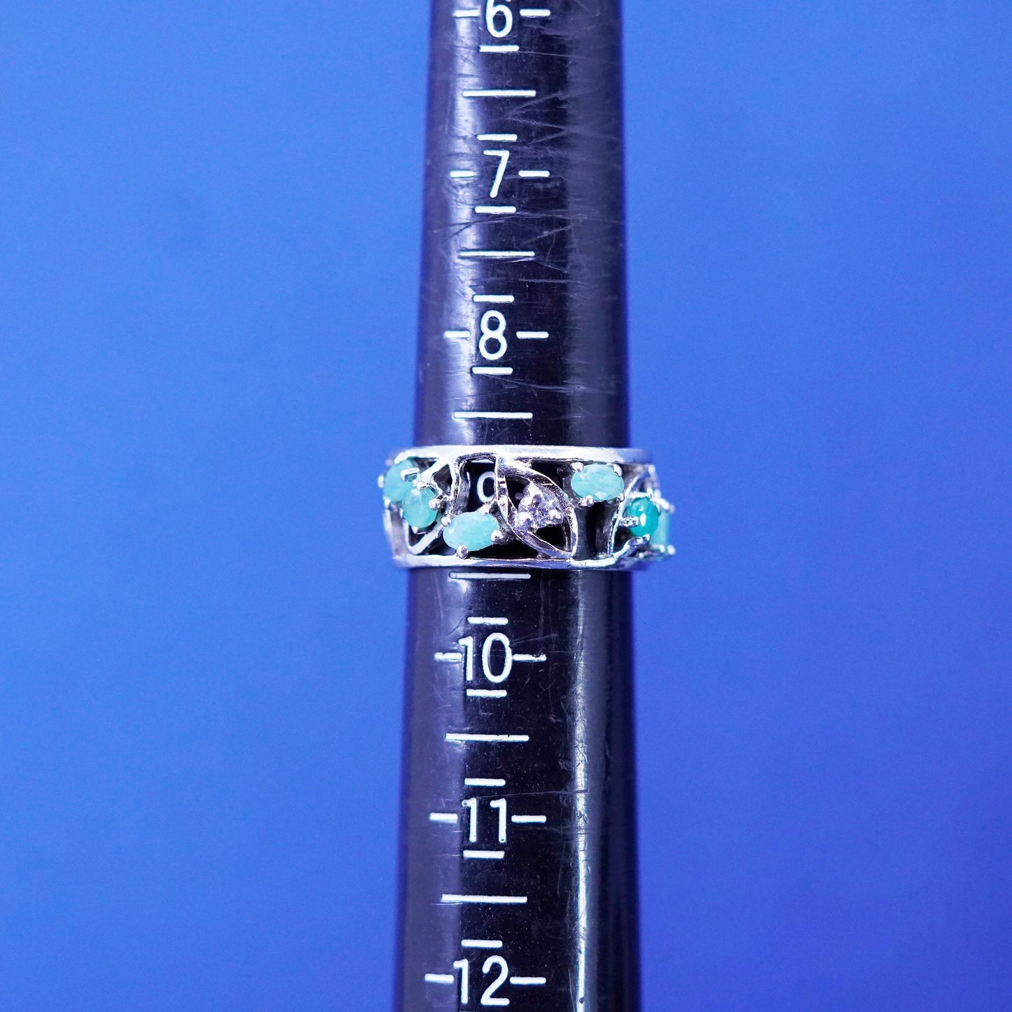 Size 9, vintage Sterling silver ring, wide 925 band with emerald and cz