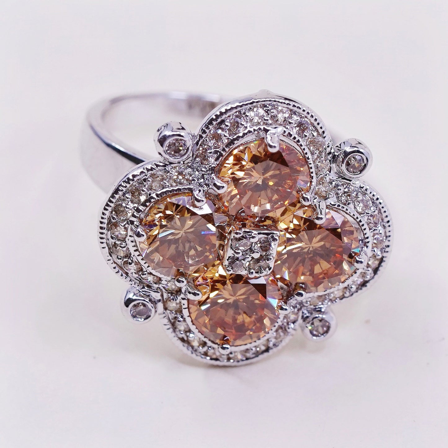 sz 8, vtg sterling 925 silver citrine flower ring, statement, cocktail ring