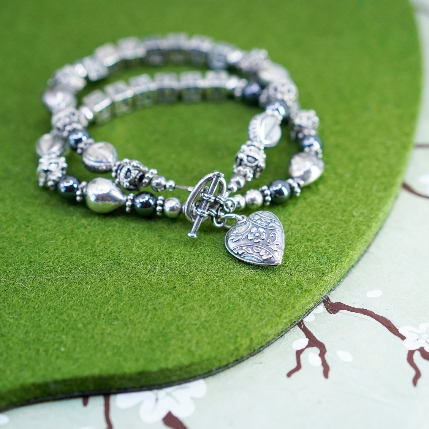 6.75”, Sterling 925 Silver hematite beads bracelet names “Raymond Sandra” cubes