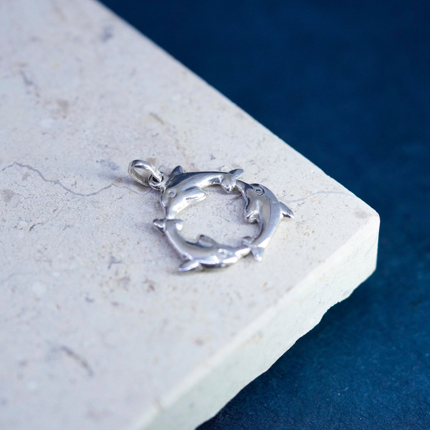 Vintage Sterling silver handmade circle Dolphin pendant, 925 charm