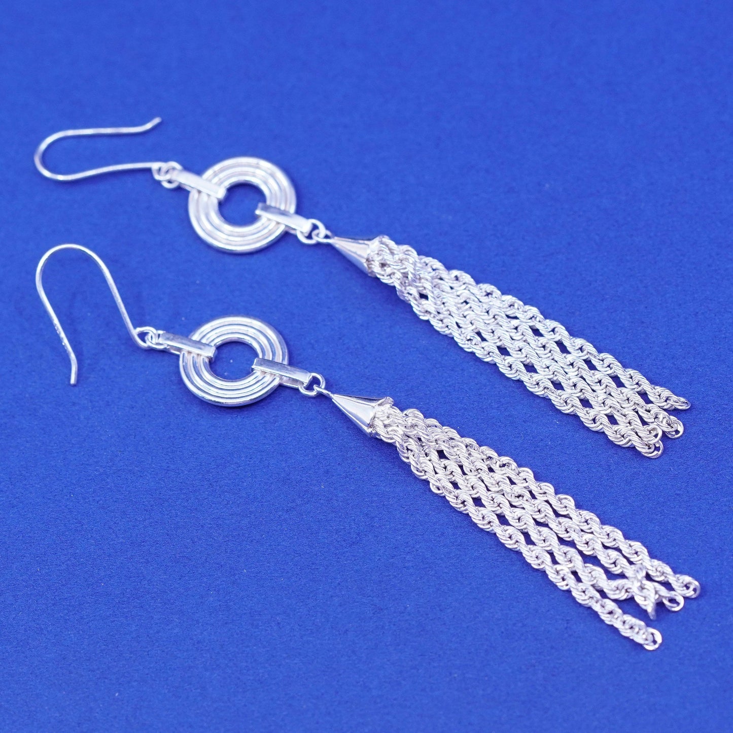 Vintage Peru 925 silver handmade earrings with rope chain fringe