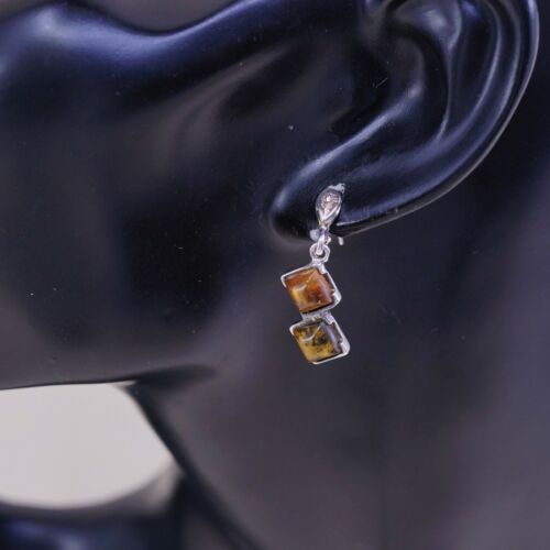 Vtg Sterling Silver Handmade Amber earrings, 925 silver dangles, Stamped 925