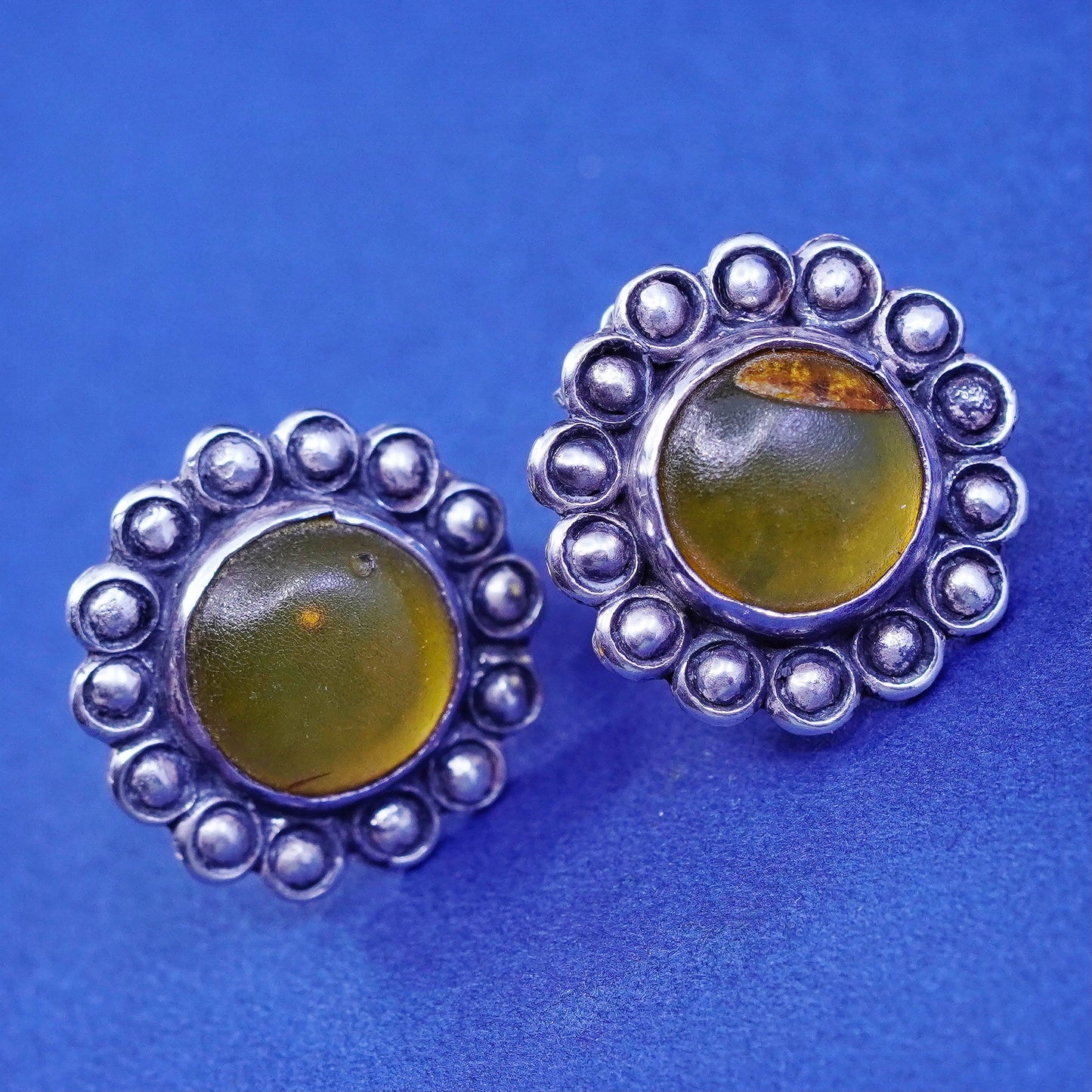 Vintage sterling silver handmade earrings, 925 flower studs with round amber