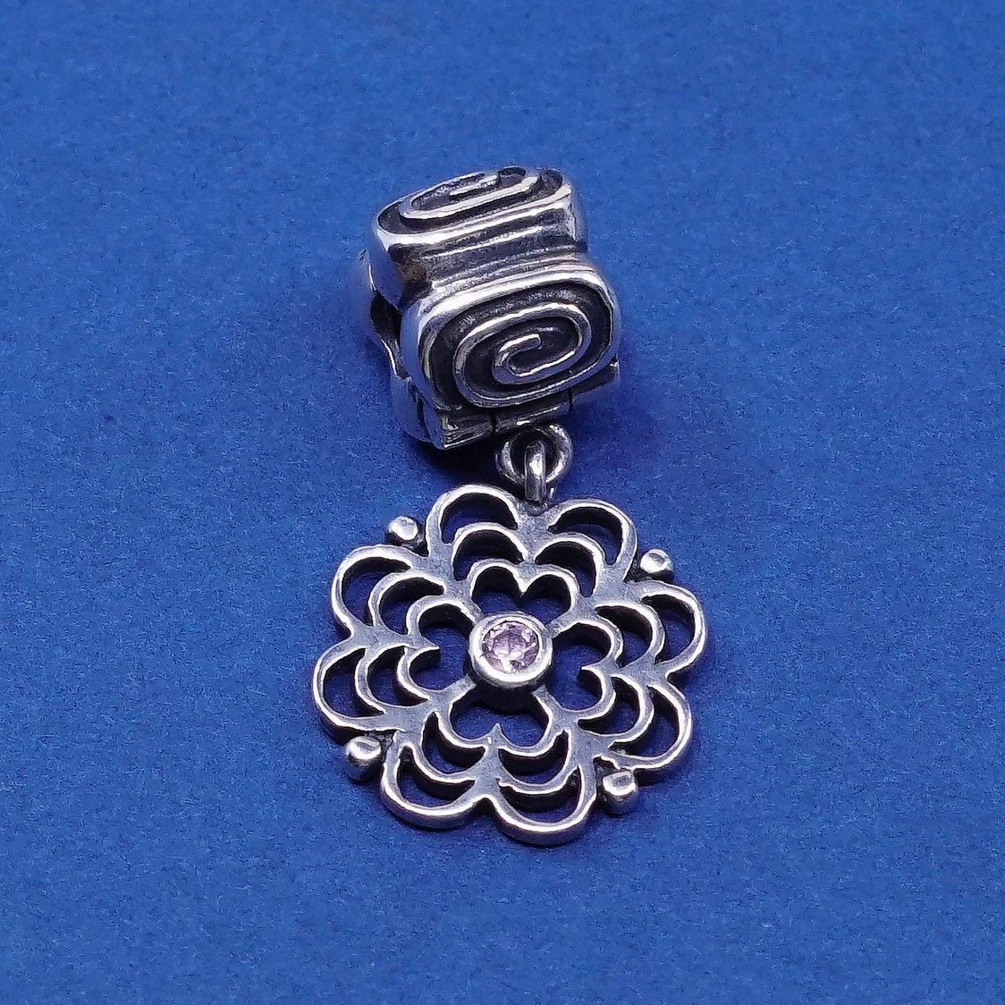 vtg sterling silver handmade pendant, 925 bead charm w/ Flower dangle