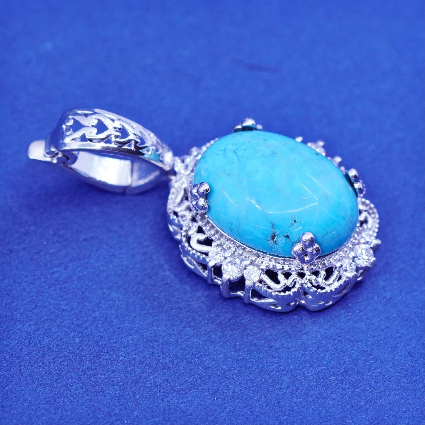 Vintage Karis Peruvian Sterling silver pendant, 925 filigree oval turquoise Cz