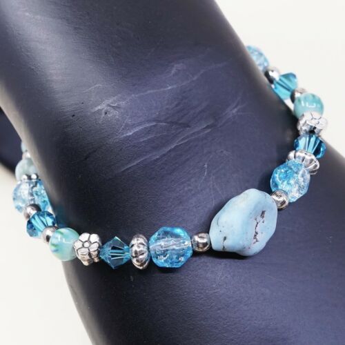 7”, Vtg Sterling Silver Handmade Bead Bracelet, 925 Crystal N Turquoise Veads